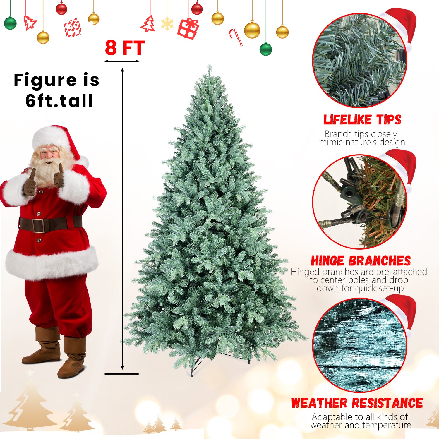 6FT Blue-Green Tint PE/PVC Christmas Tree – 1390 Tips, Hinged Branch Design, Full Natural Look, Stable Metal Stand, Easy to Assemble Holiday Decoration