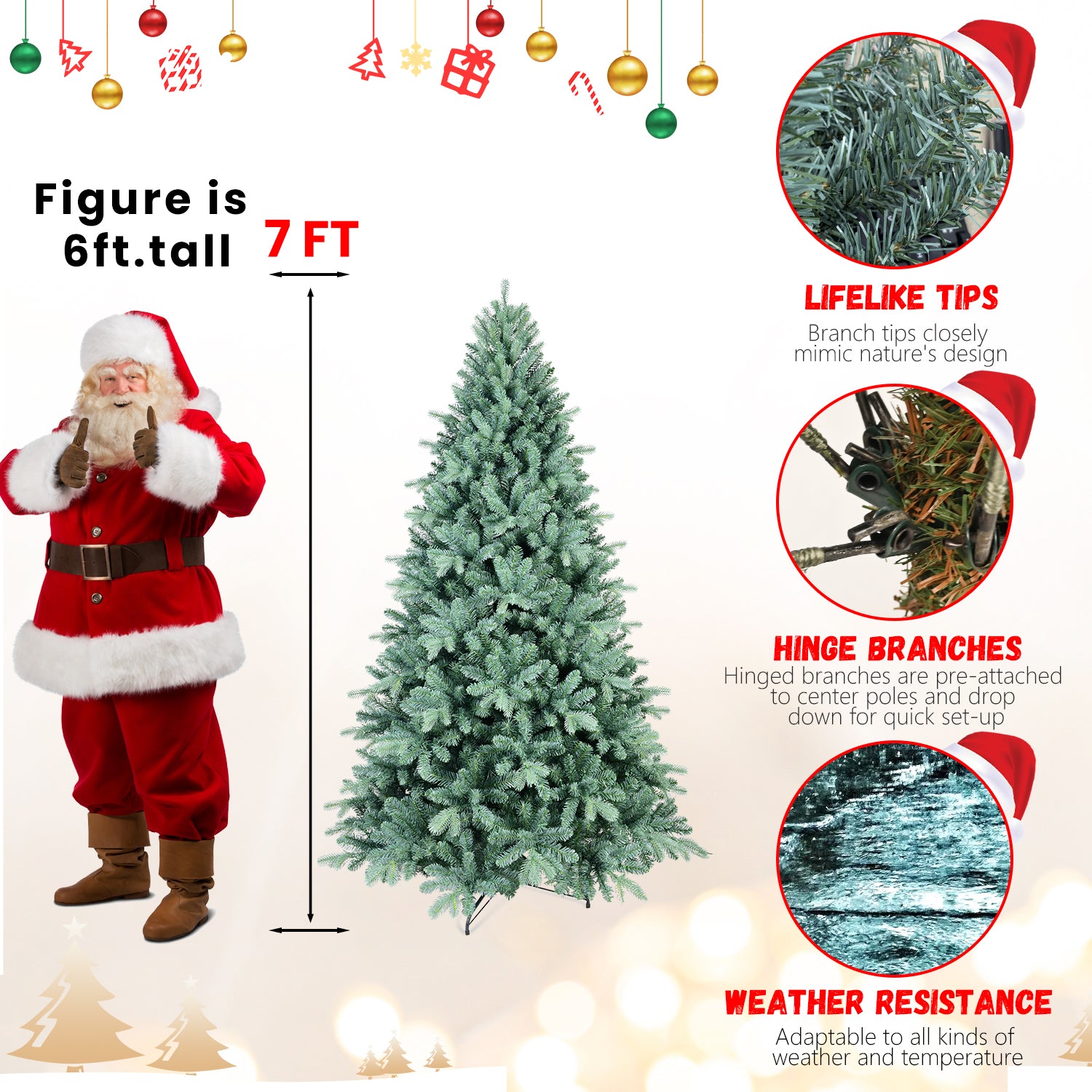 6FT Blue-Green Tint PE/PVC Christmas Tree – 1390 Tips, Hinged Branch Design, Full Natural Look, Stable Metal Stand, Easy to Assemble Holiday Decoration