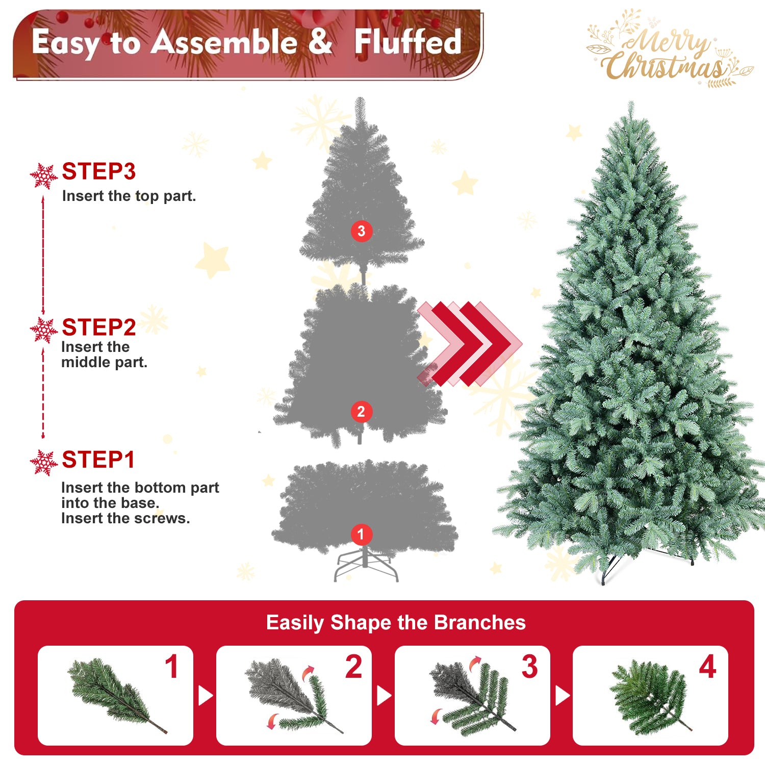 6FT Blue-Green Tint PE/PVC Christmas Tree – 1390 Tips, Hinged Branch Design, Full Natural Look, Stable Metal Stand, Easy to Assemble Holiday Decoration