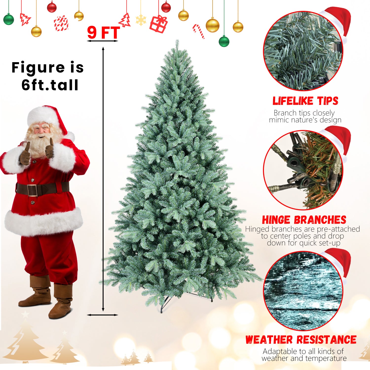 6FT Blue-Green Tint PE/PVC Christmas Tree – 1390 Tips, Hinged Branch Design, Full Natural Look, Stable Metal Stand, Easy to Assemble Holiday Decoration