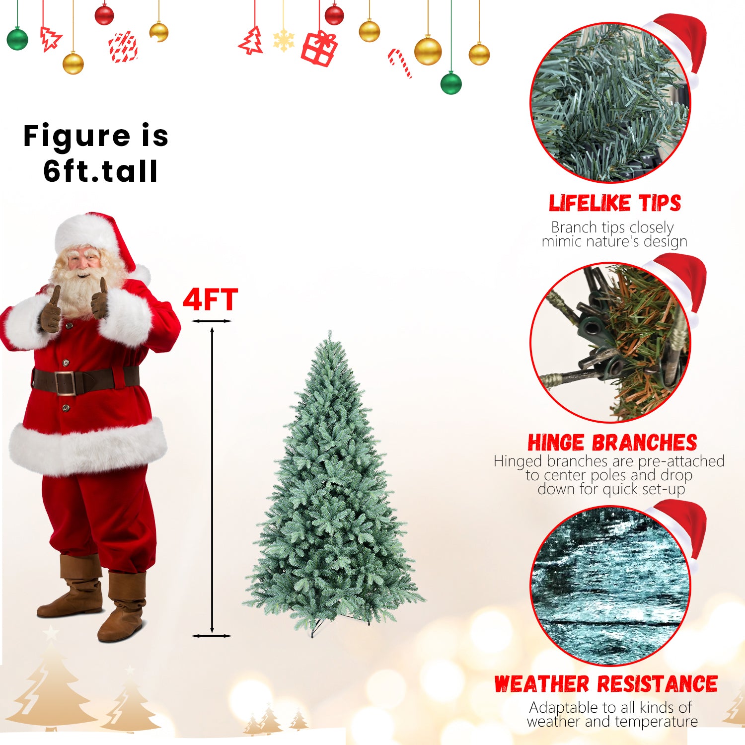 6FT Blue-Green Tint PE/PVC Christmas Tree – 1390 Tips, Hinged Branch Design, Full Natural Look, Stable Metal Stand, Easy to Assemble Holiday Decoration