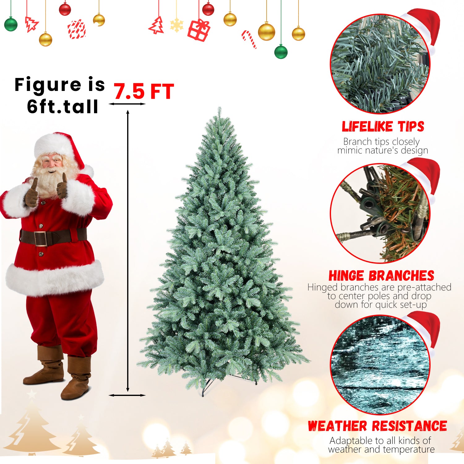 6FT Blue-Green Tint PE/PVC Christmas Tree – 1390 Tips, Hinged Branch Design, Full Natural Look, Stable Metal Stand, Easy to Assemble Holiday Decoration
