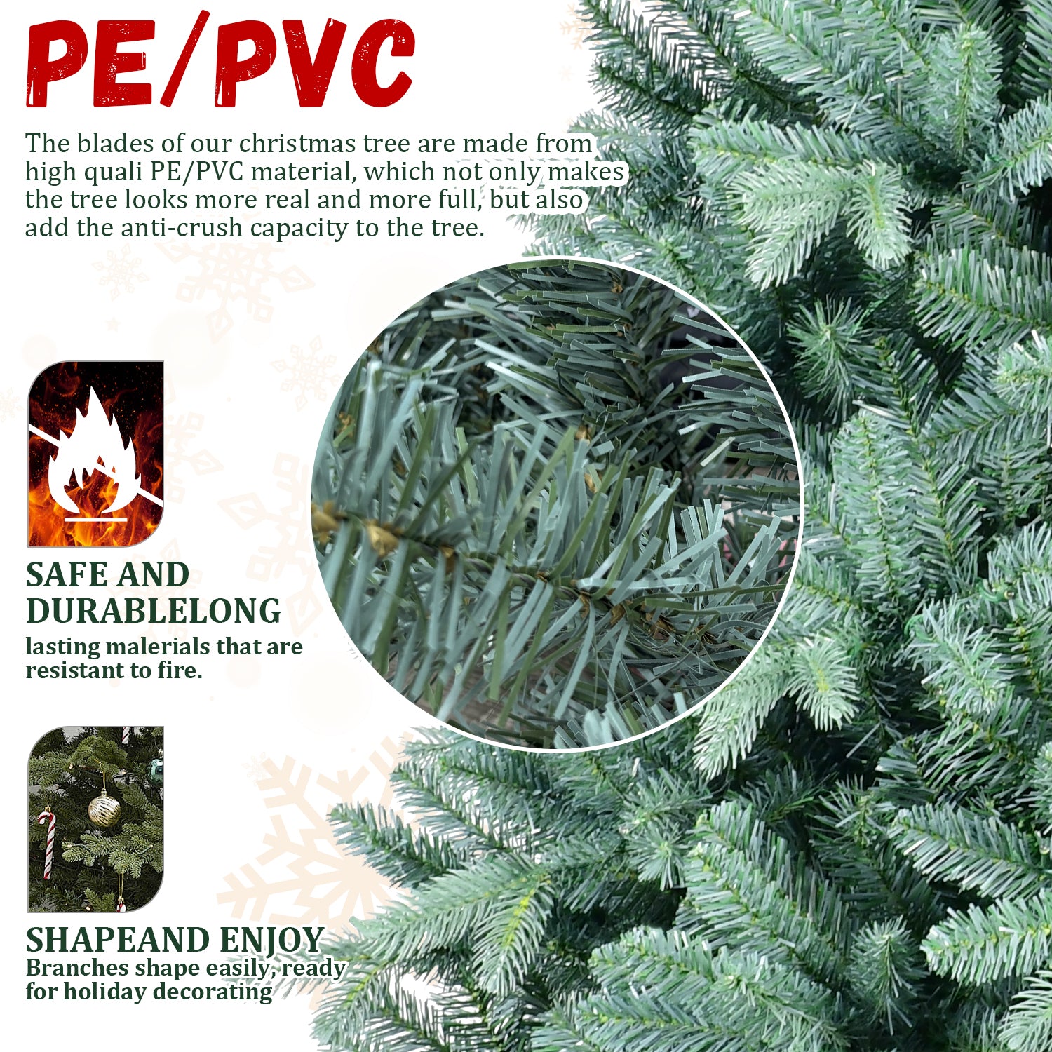 6FT Blue-Green Tint PE/PVC Christmas Tree – 1390 Tips, Hinged Branch Design, Full Natural Look, Stable Metal Stand, Easy to Assemble Holiday Decoration