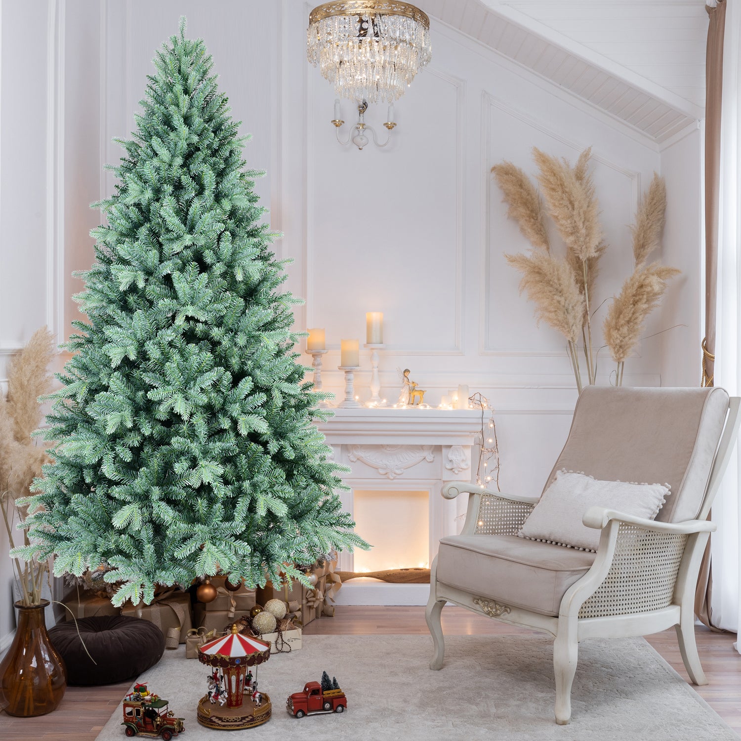 6FT Blue-Green Tint PE/PVC Christmas Tree – 1390 Tips, Hinged Branch Design, Full Natural Look, Stable Metal Stand, Easy to Assemble Holiday Decoration