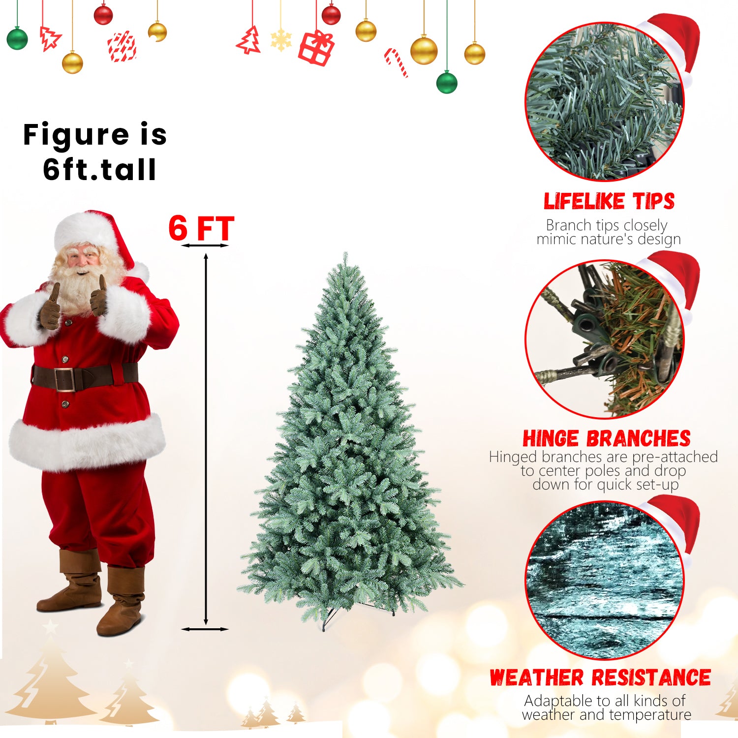 6FT Blue-Green Tint PE/PVC Christmas Tree – 1390 Tips, Hinged Branch Design, Full Natural Look, Stable Metal Stand, Easy to Assemble Holiday Decoration
