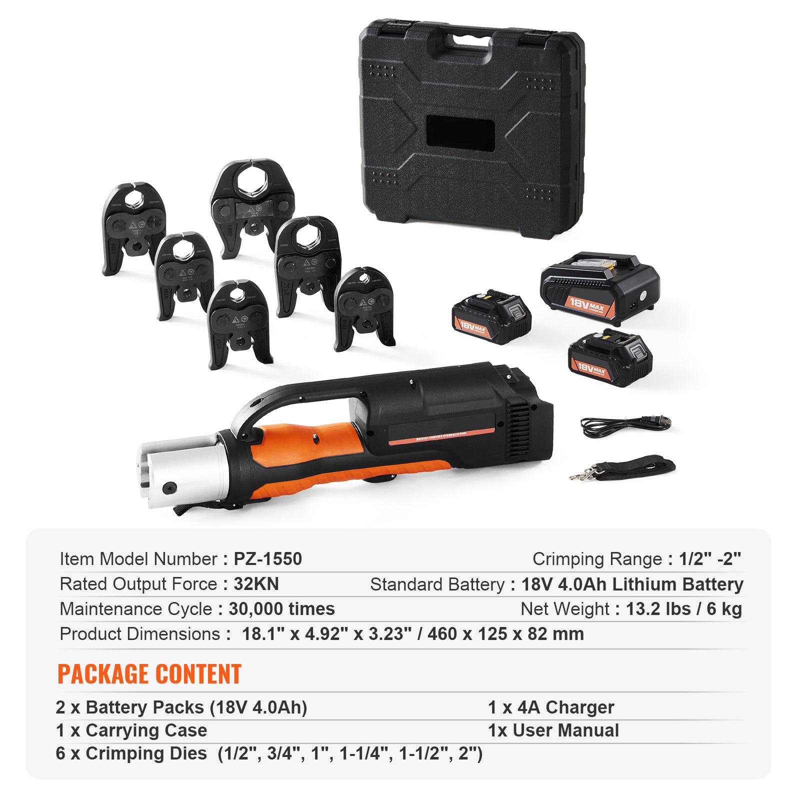Pro Press Tool, 18V Electric Pipe Crimping Tool for 1/2" to 2" Copper Pipes, Press Tool Kit with 6 Pro Press Jaws, 2pcs 4AH Battery, Fast Charger & Carrying Case