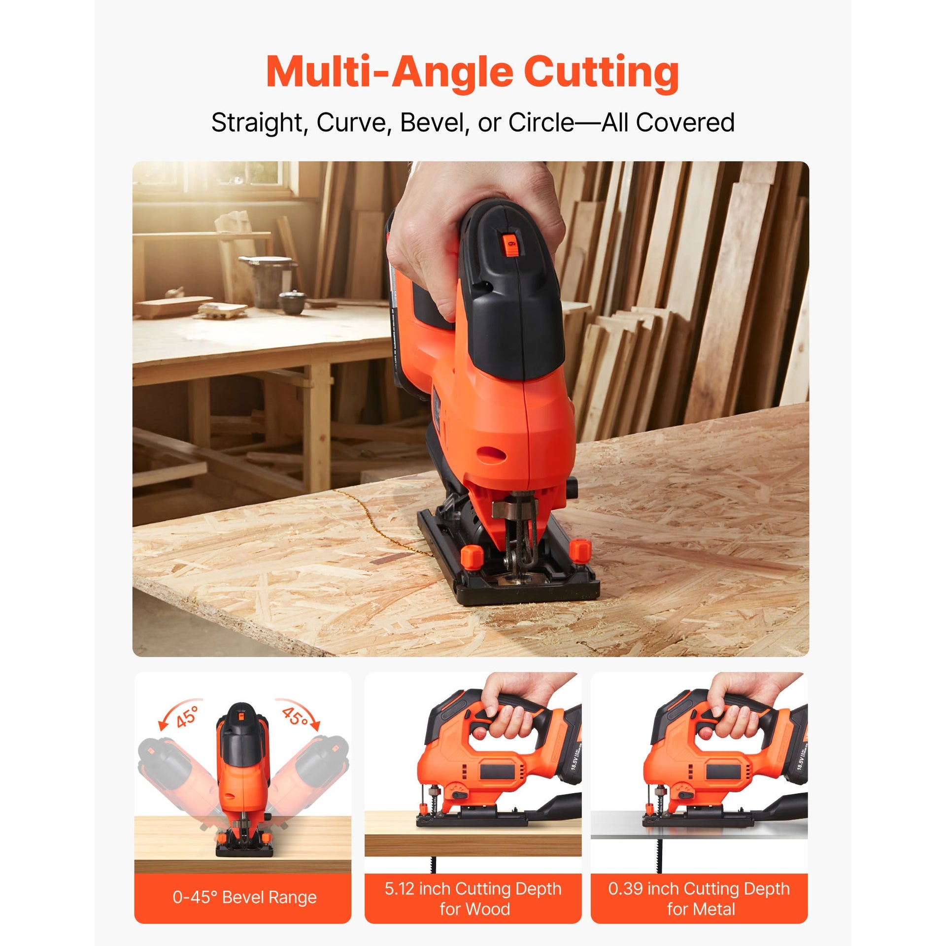 Cordless Jig Saw, 20 V Brushless Motor, 3500 SPM Blade Speed, Cordless Jigsaw with 6 pcs Blades, LED Light, 6 Variable Speed, 0- 45° Bevel Cuts, 4 Orbital Settings, for Wood and Metal Cutting