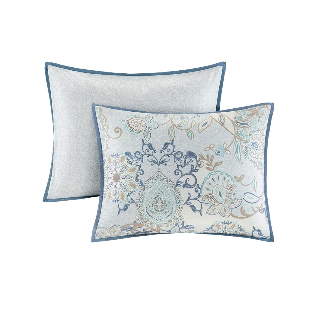 8 Piece Cotton Floral Printed Reversible Comforter Set Blue Queen