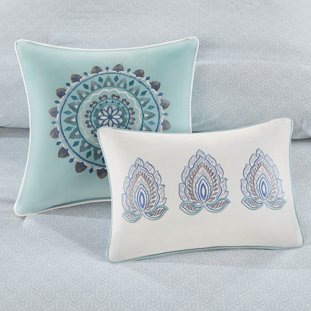 8 Piece Cotton Floral Printed Reversible Comforter Set Blue Queen