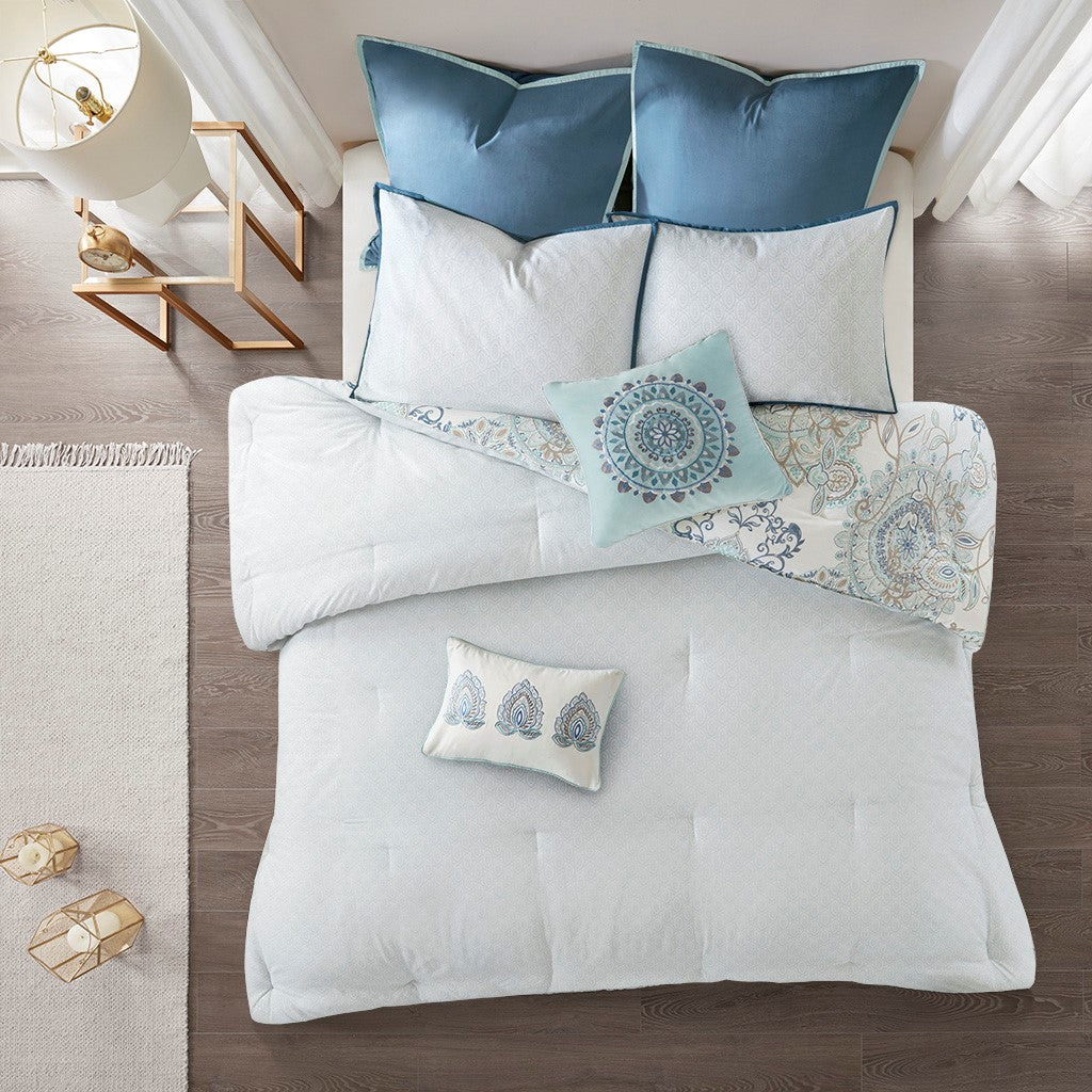 8 Piece Cotton Floral Printed Reversible Comforter Set Blue Queen