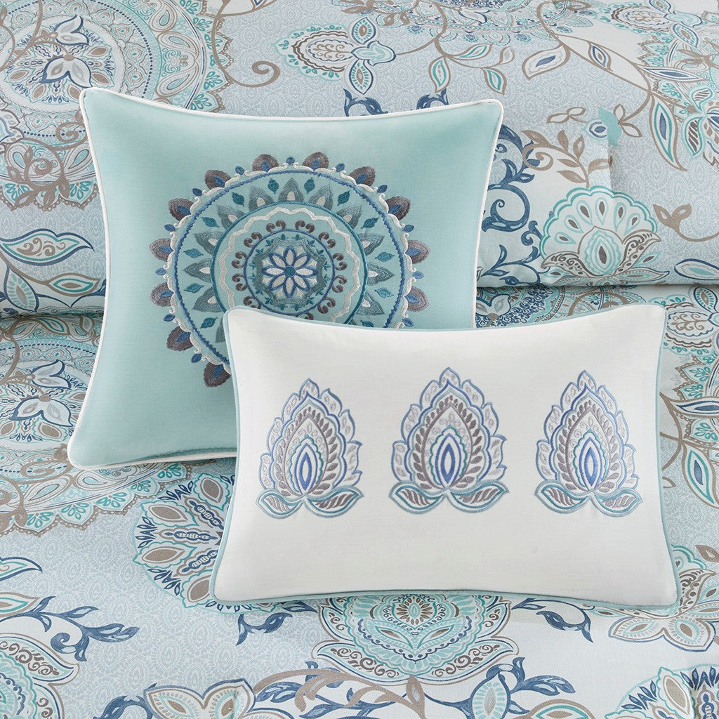 8 Piece Cotton Floral Printed Reversible Comforter Set Blue Queen