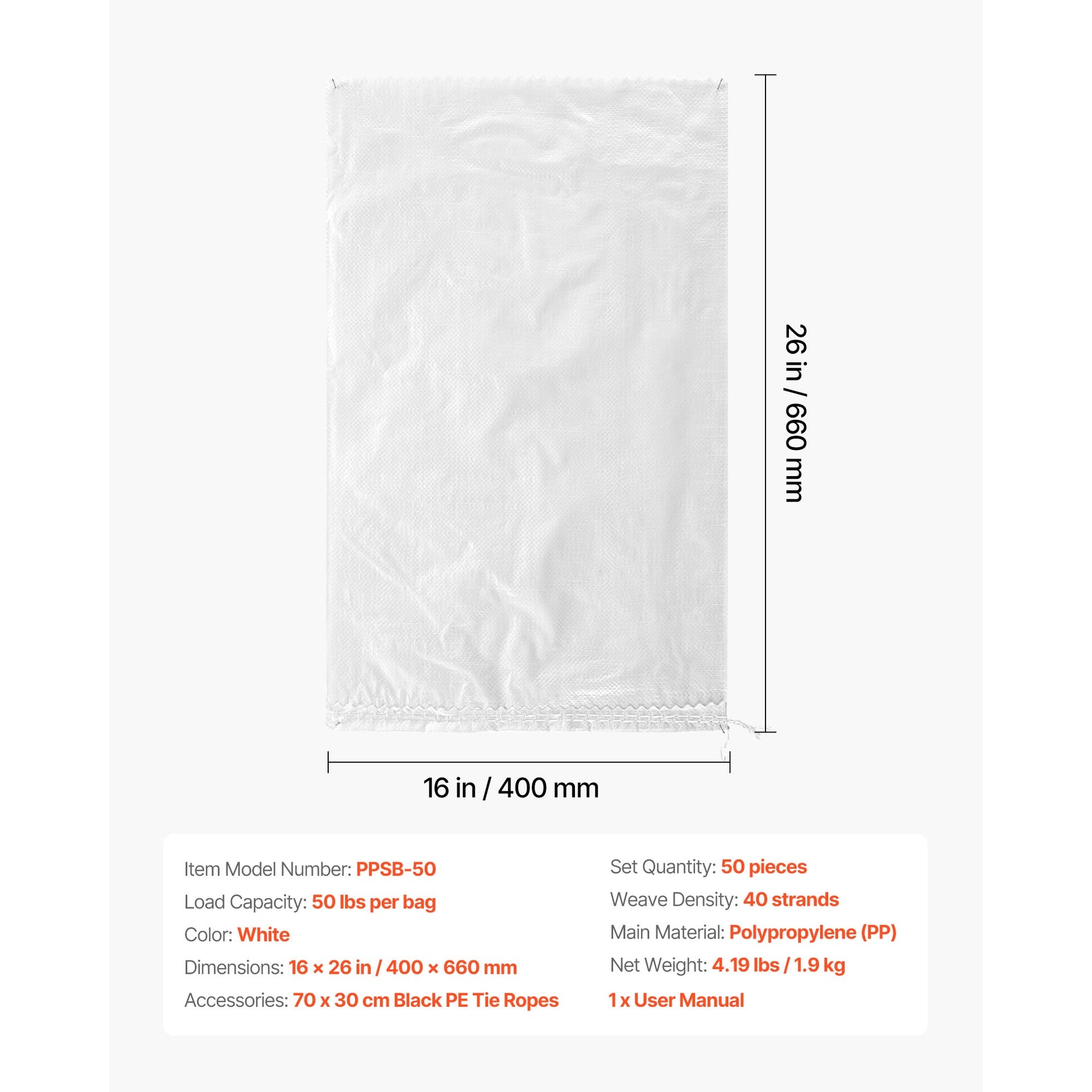 Heavy Duty Sand Bags, 50Pack 14" x 26", Empty Sandbags for Flooding with Tie Strings, Woven Polypropylene Sand Bag with 1600 Hours of UV Protection, 50Lbs Capacity