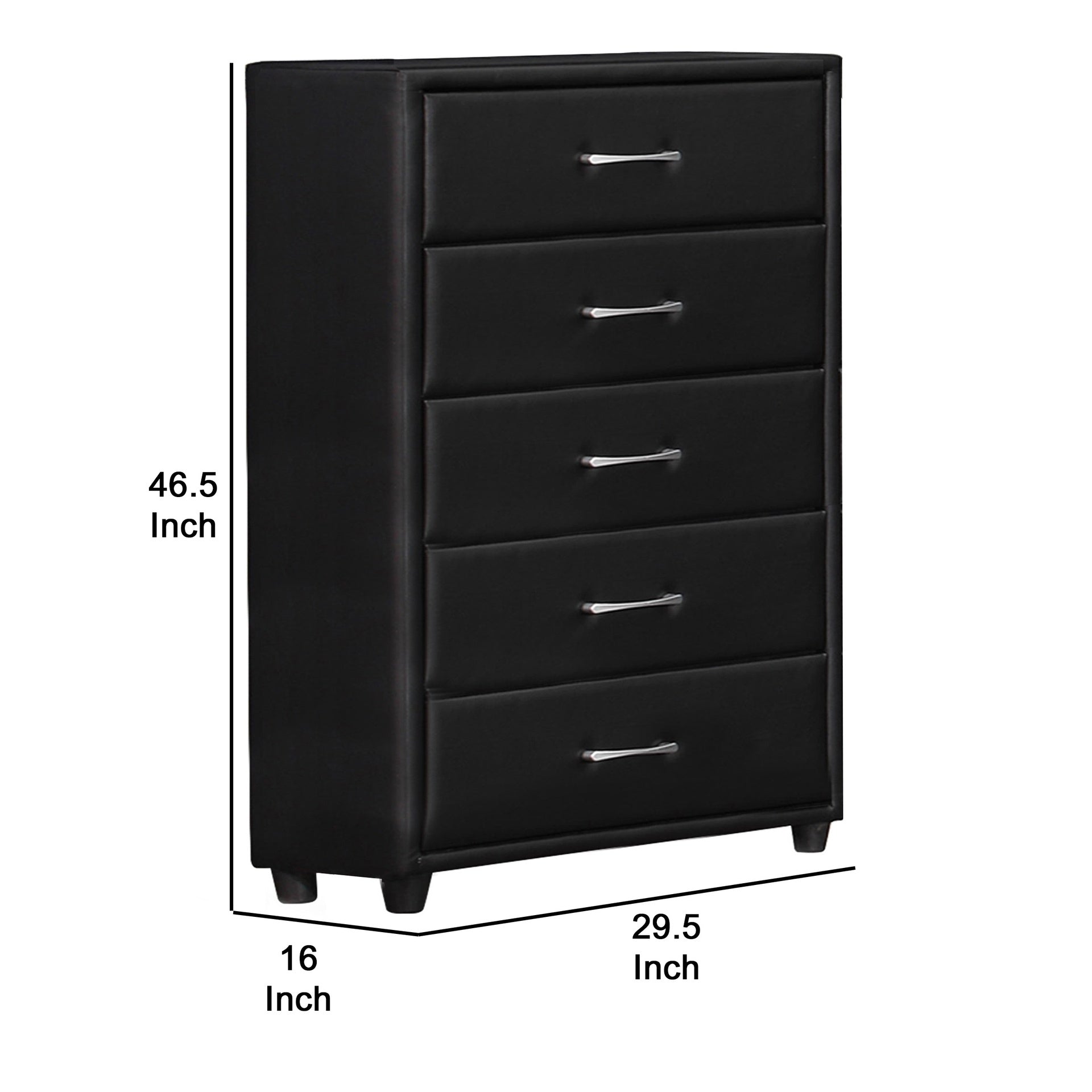 5 Drawer Leatherette Wooden Frame Chest with Tapered legs, Black