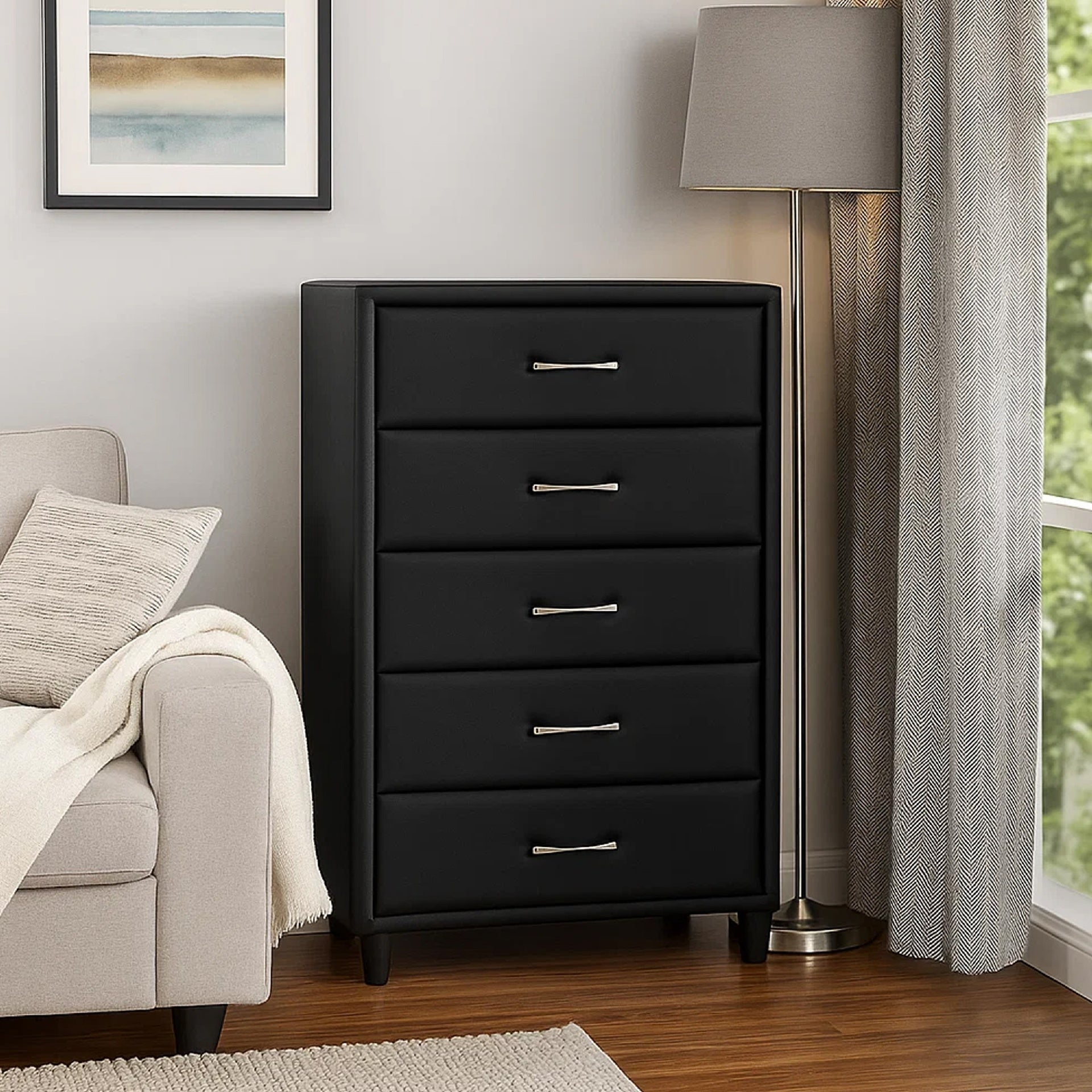 5 Drawer Leatherette Wooden Frame Chest with Tapered legs, Black
