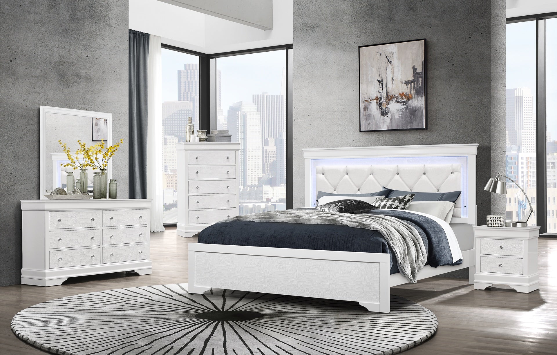 SHAKER  WHITE QUEEN BED WITH LED