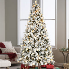 8ft Flocked Christmas Tree with 470L Colorful LED Lights  with G45 ball, Realistic PE+PVC+Hard Needle Hinged Tree with Memory Wire, 10 Lighting Modes, Foot Switch & Stable Metal Stand