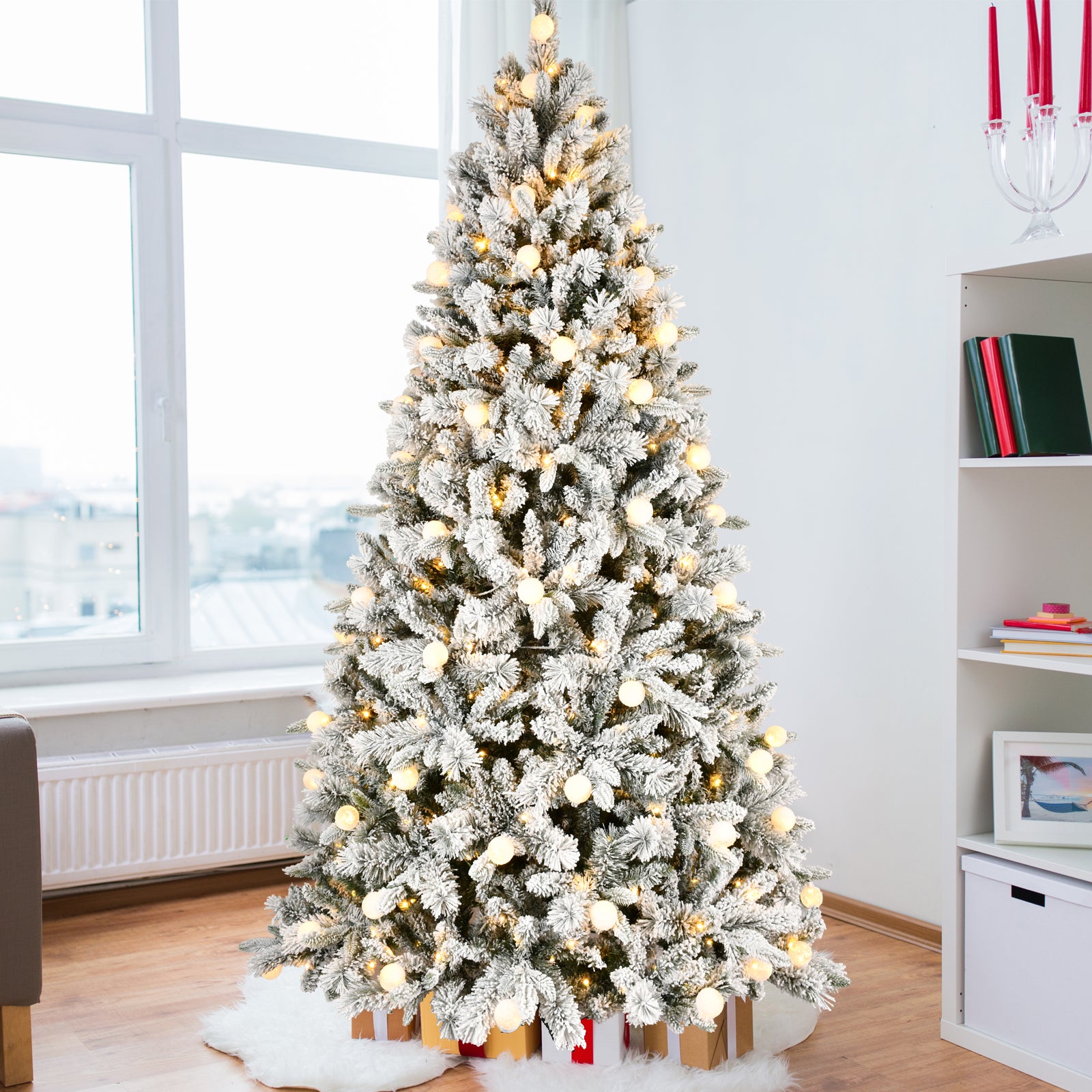 8ft Flocked Christmas Tree with 470L Colorful LED Lights  with G45 ball, Realistic PE+PVC+Hard Needle Hinged Tree with Memory Wire, 10 Lighting Modes, Foot Switch & Stable Metal Stand