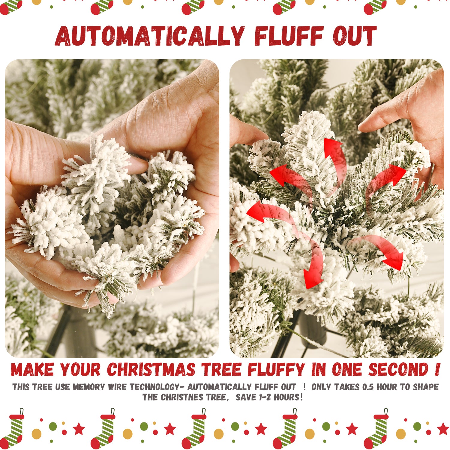 8ft Flocked Christmas Tree with 470L Colorful LED Lights  with G45 ball, Realistic PE+PVC+Hard Needle Hinged Tree with Memory Wire, 10 Lighting Modes, Foot Switch & Stable Metal Stand