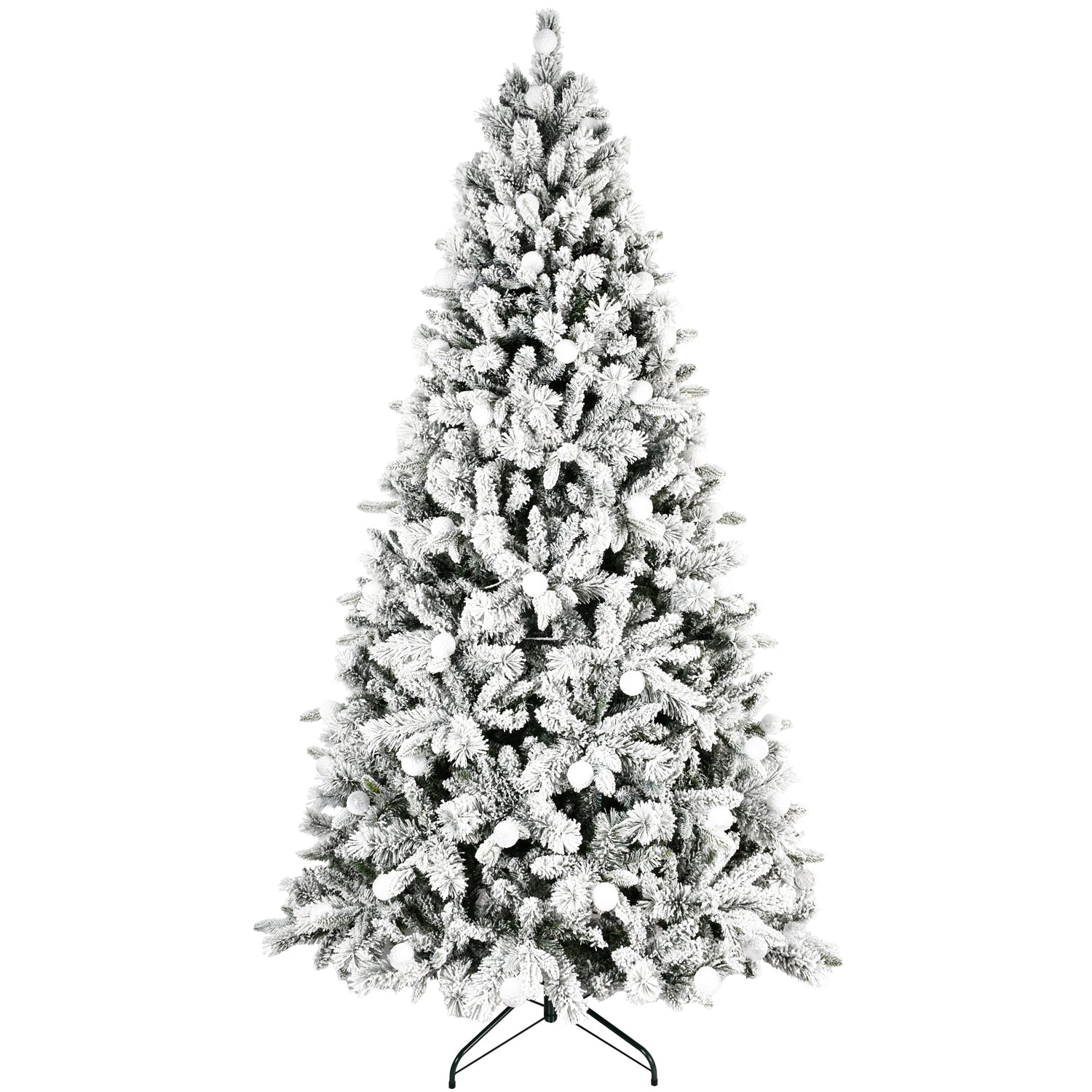 8ft Flocked Christmas Tree with 470L Colorful LED Lights  with G45 ball, Realistic PE+PVC+Hard Needle Hinged Tree with Memory Wire, 10 Lighting Modes, Foot Switch & Stable Metal Stand