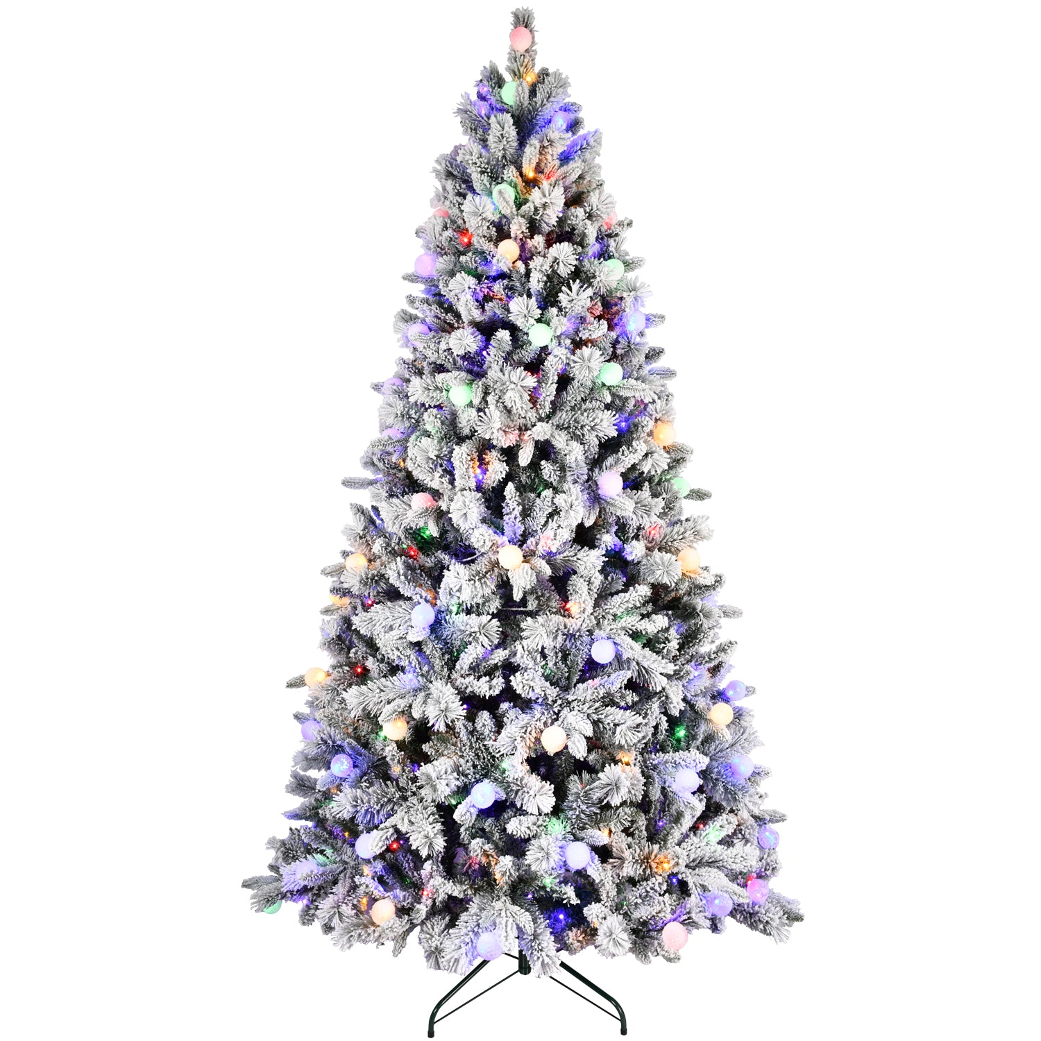 8ft Flocked Christmas Tree with 470L Colorful LED Lights  with G45 ball, Realistic PE+PVC+Hard Needle Hinged Tree with Memory Wire, 10 Lighting Modes, Foot Switch & Stable Metal Stand