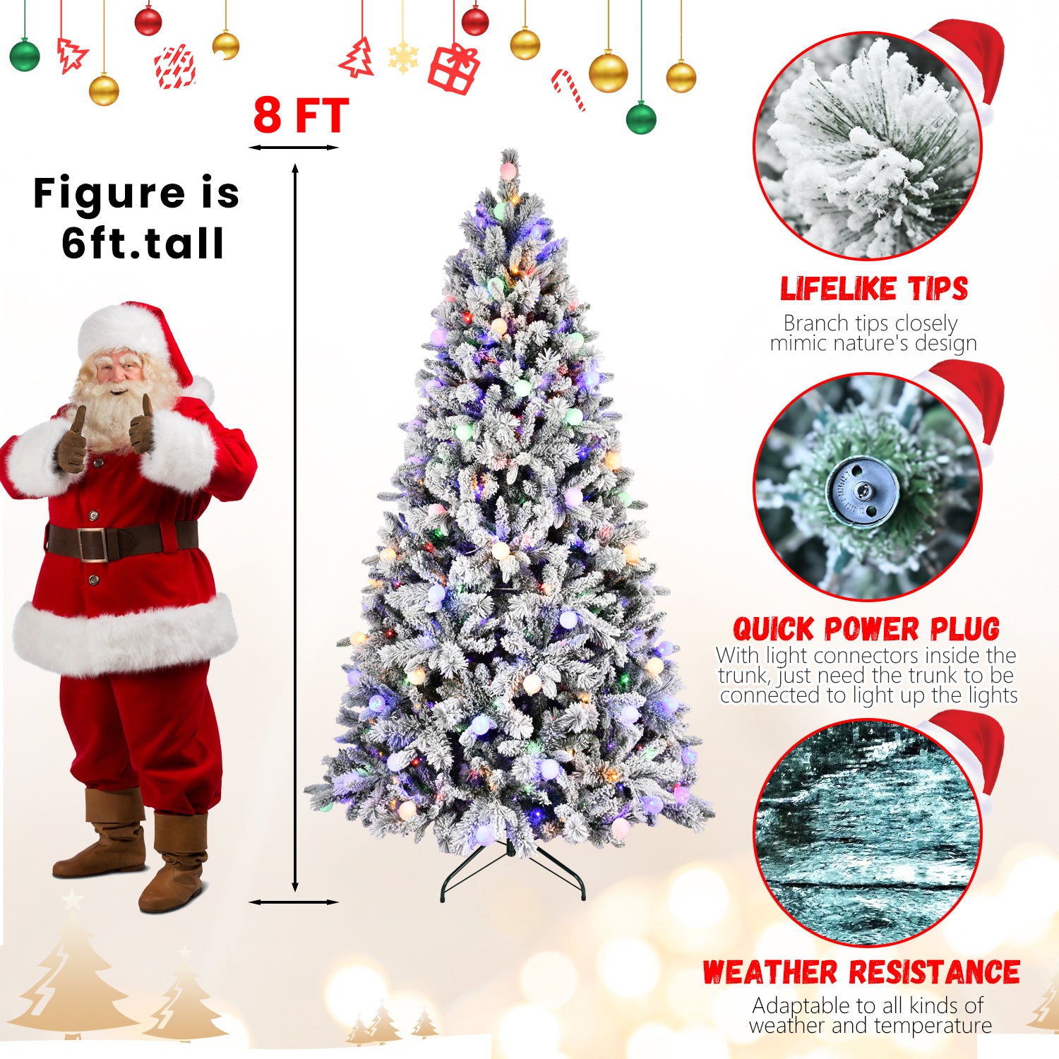 8ft Flocked Christmas Tree with 470L Colorful LED Lights  with G45 ball, Realistic PE+PVC+Hard Needle Hinged Tree with Memory Wire, 10 Lighting Modes, Foot Switch & Stable Metal Stand