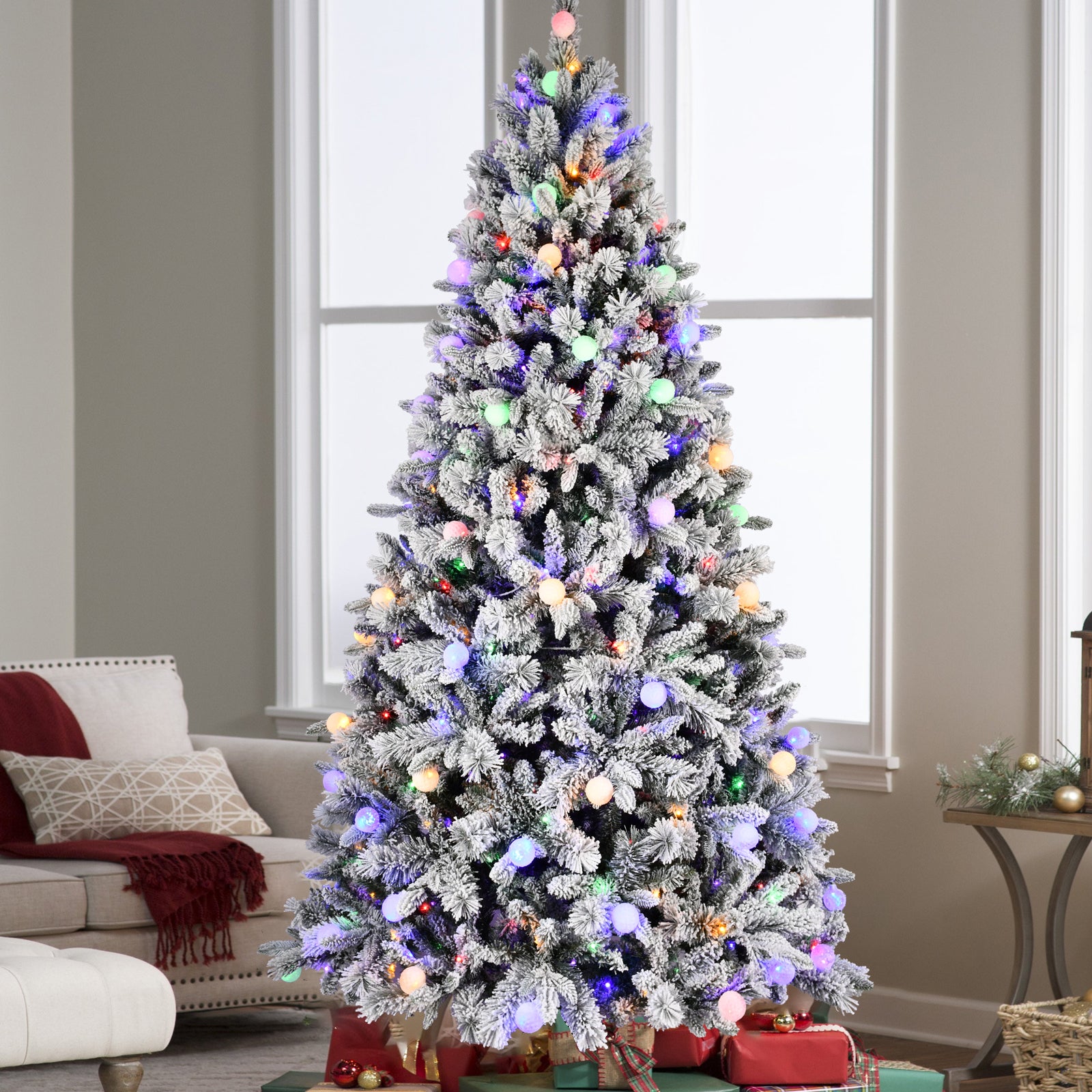 8ft Flocked Christmas Tree with 470L Colorful LED Lights  with G45 ball, Realistic PE+PVC+Hard Needle Hinged Tree with Memory Wire, 10 Lighting Modes, Foot Switch & Stable Metal Stand