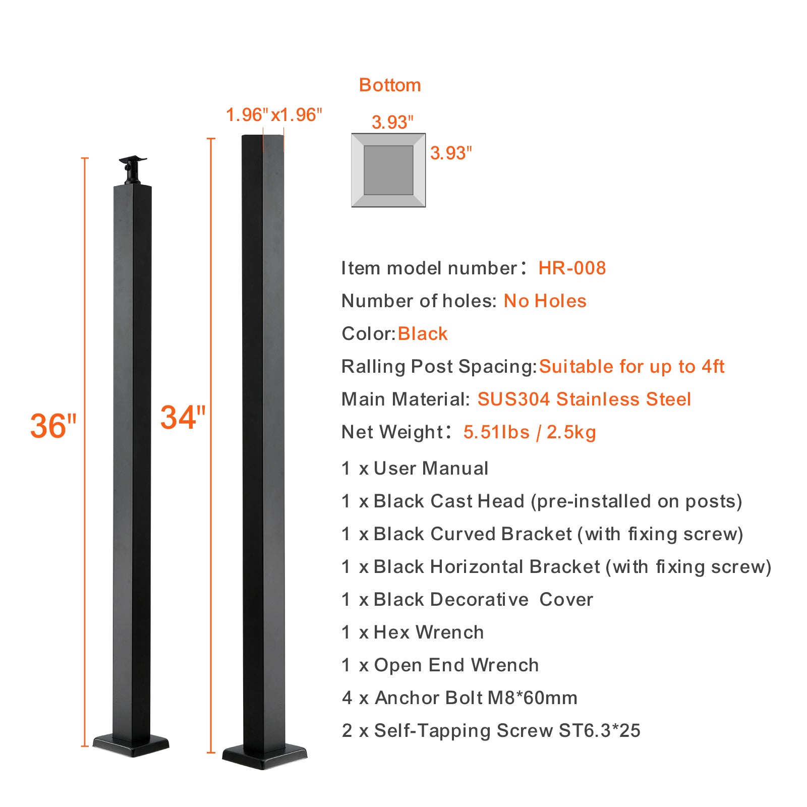 Cable Railing Post, 36" x 2" x 2" Steel Level Deck Railing Post Without Holes, SUS304 Stainless Steel Cable Rail Post, Stair Handrail Post with Horizontal and Curved Bracket, 1-Pack, Black
