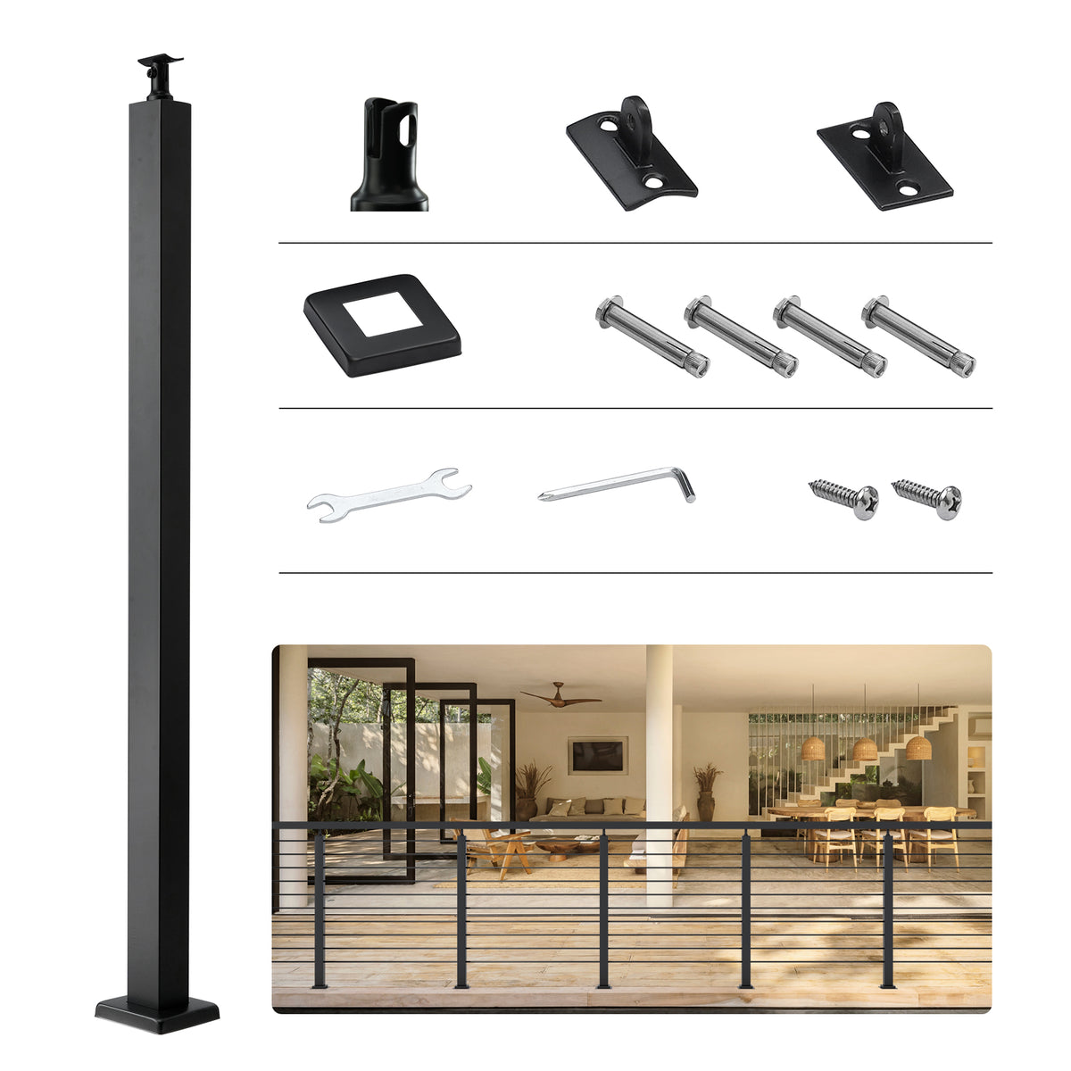 Cable Railing Post, 36" x 2" x 2" Steel Level Deck Railing Post Without Holes, SUS304 Stainless Steel Cable Rail Post, Stair Handrail Post with Horizontal and Curved Bracket, 1-Pack, Black