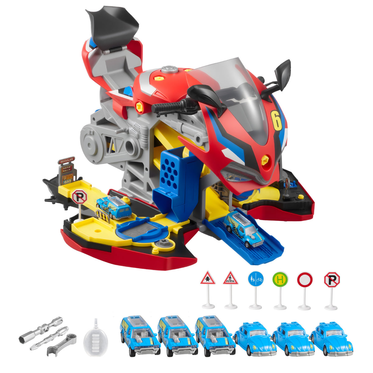 Motorcycle Engine Toy, 25 Pieces, Motorcycle Mechanic Toy with Removable Parts, Lights & Sounds, Simulated Riding & Track Racing, Kids Mechanic Workshop Set for Toddler 3 Years and Up, Red