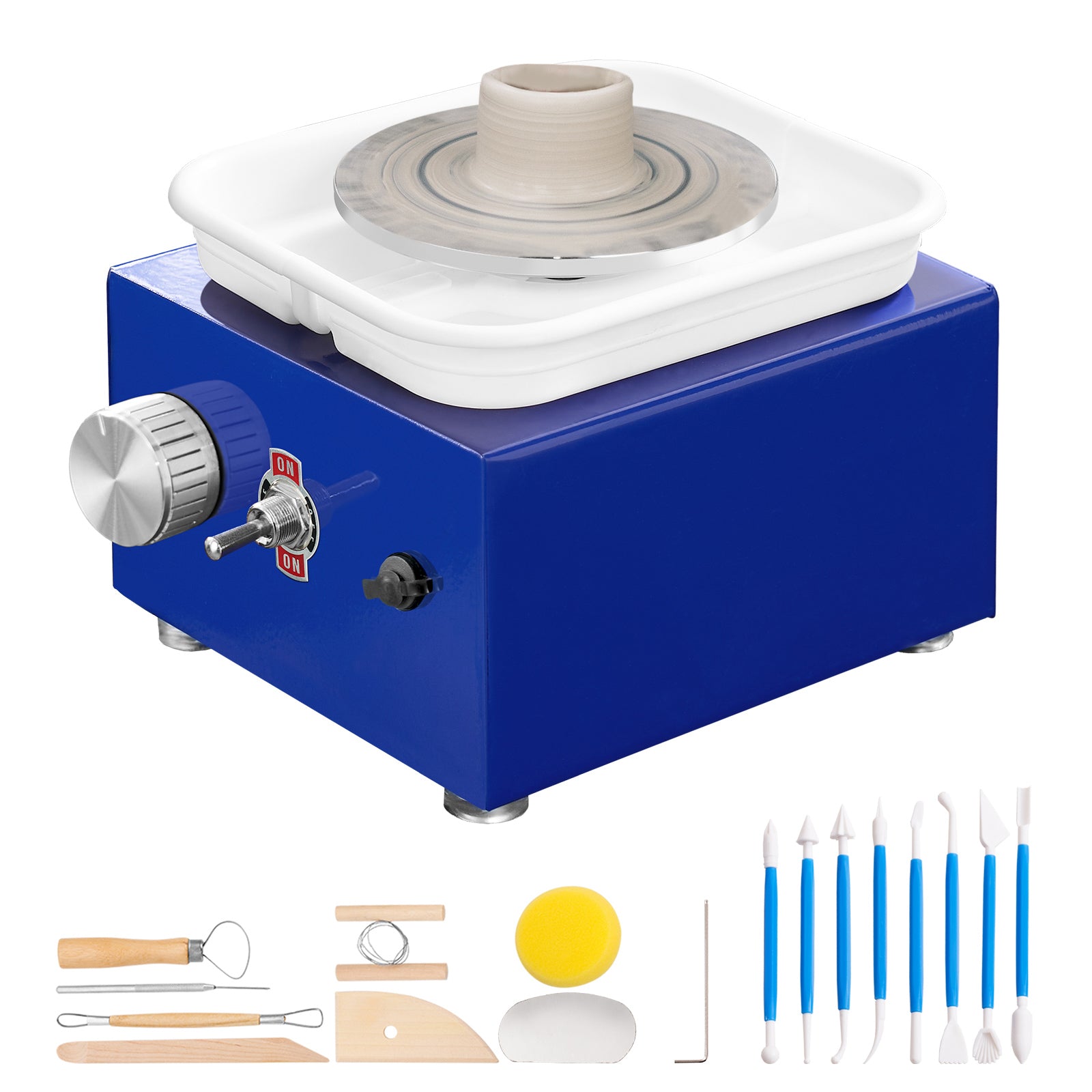 Mini Pottery Wheel, for Kids or Beginners, 2 Turntables 2.6in/3.9in Ceramic Wheel Machine, Adjustable 0-300RPM Speed ABS Detachable Basin, 17 Pottery Accessories, Work Art Craft DIY, 30W, Blue