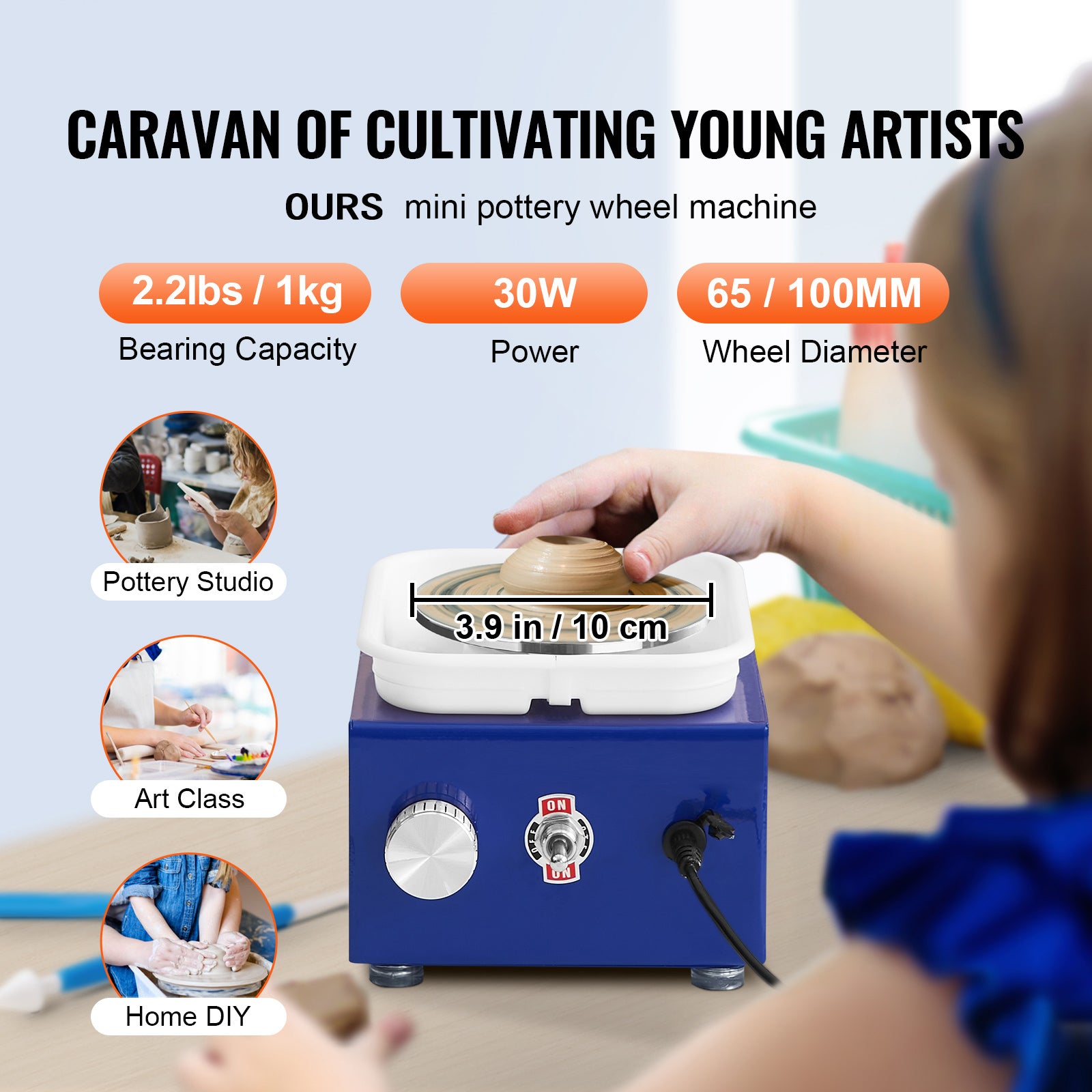 Mini Pottery Wheel, for Kids or Beginners, 2 Turntables 2.6in/3.9in Ceramic Wheel Machine, Adjustable 0-300RPM Speed ABS Detachable Basin, 17 Pottery Accessories, Work Art Craft DIY, 30W, Blue