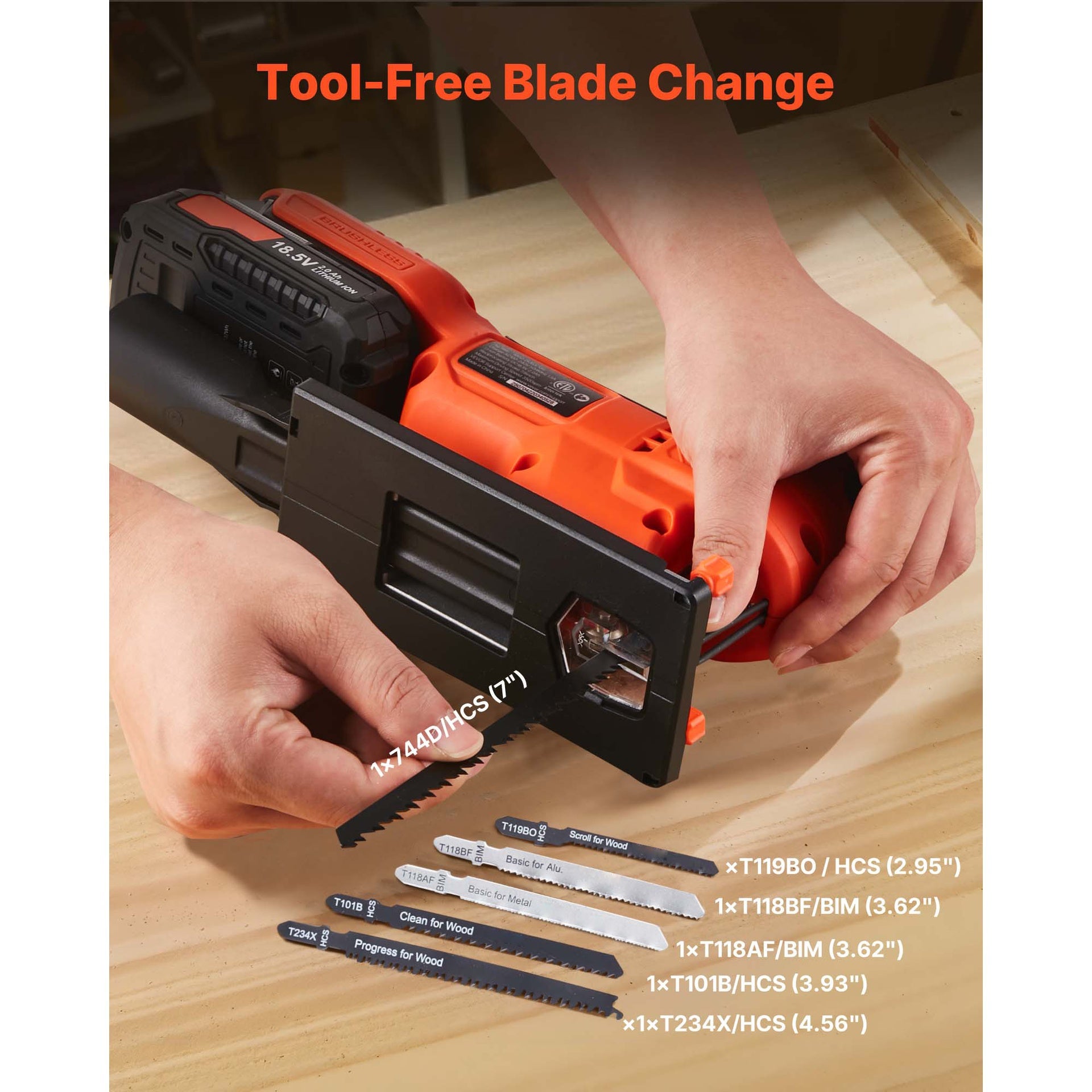 Cordless Jig Saw, 20 V Brushless Motor, 3500 SPM Blade Speed, Cordless Jigsaw with 6 pcs Blades, LED Light, 6 Variable Speed, 0- 45° Bevel Cuts, 4 Orbital Settings for Straight/Circle Cutting