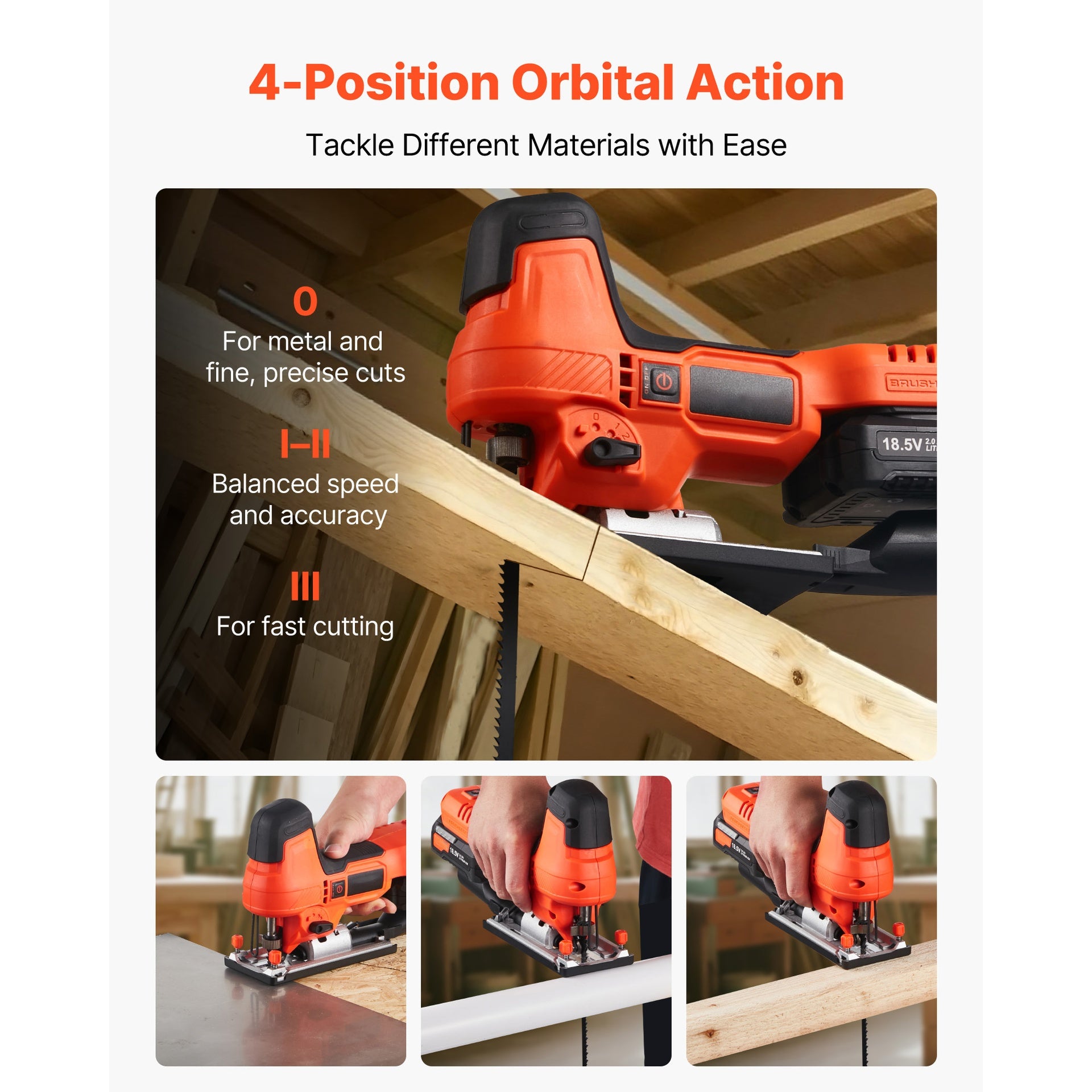 Cordless Jig Saw, 20 V Brushless Motor, 3500 SPM Blade Speed, Cordless Jigsaw with 6 pcs Blades, LED Light, 6 Variable Speed, 0- 45° Bevel Cuts, 4 Orbital Settings for Straight/Circle Cutting