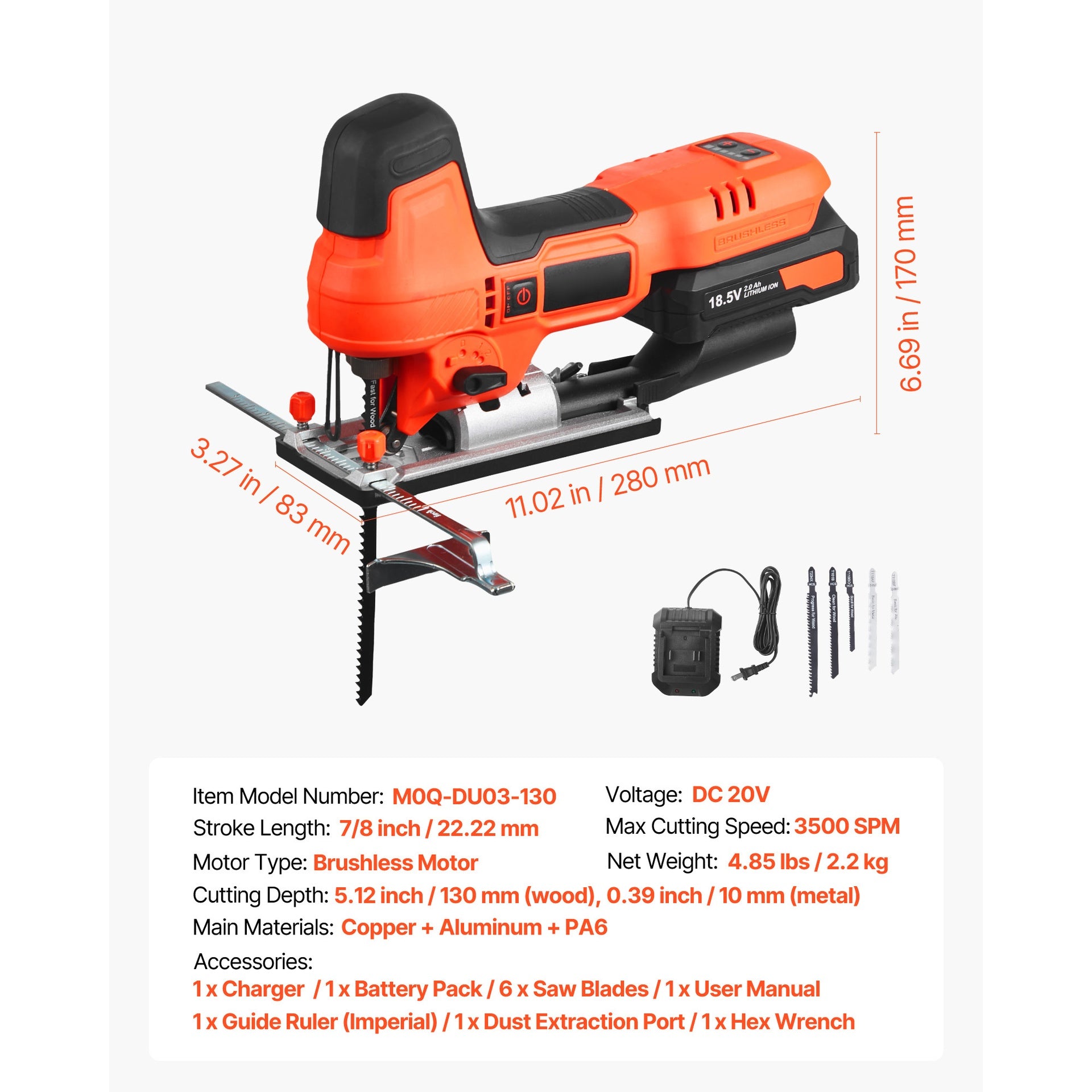 Cordless Jig Saw, 20 V Brushless Motor, 3500 SPM Blade Speed, Cordless Jigsaw with 6 pcs Blades, LED Light, 6 Variable Speed, 0- 45° Bevel Cuts, 4 Orbital Settings for Straight/Circle Cutting