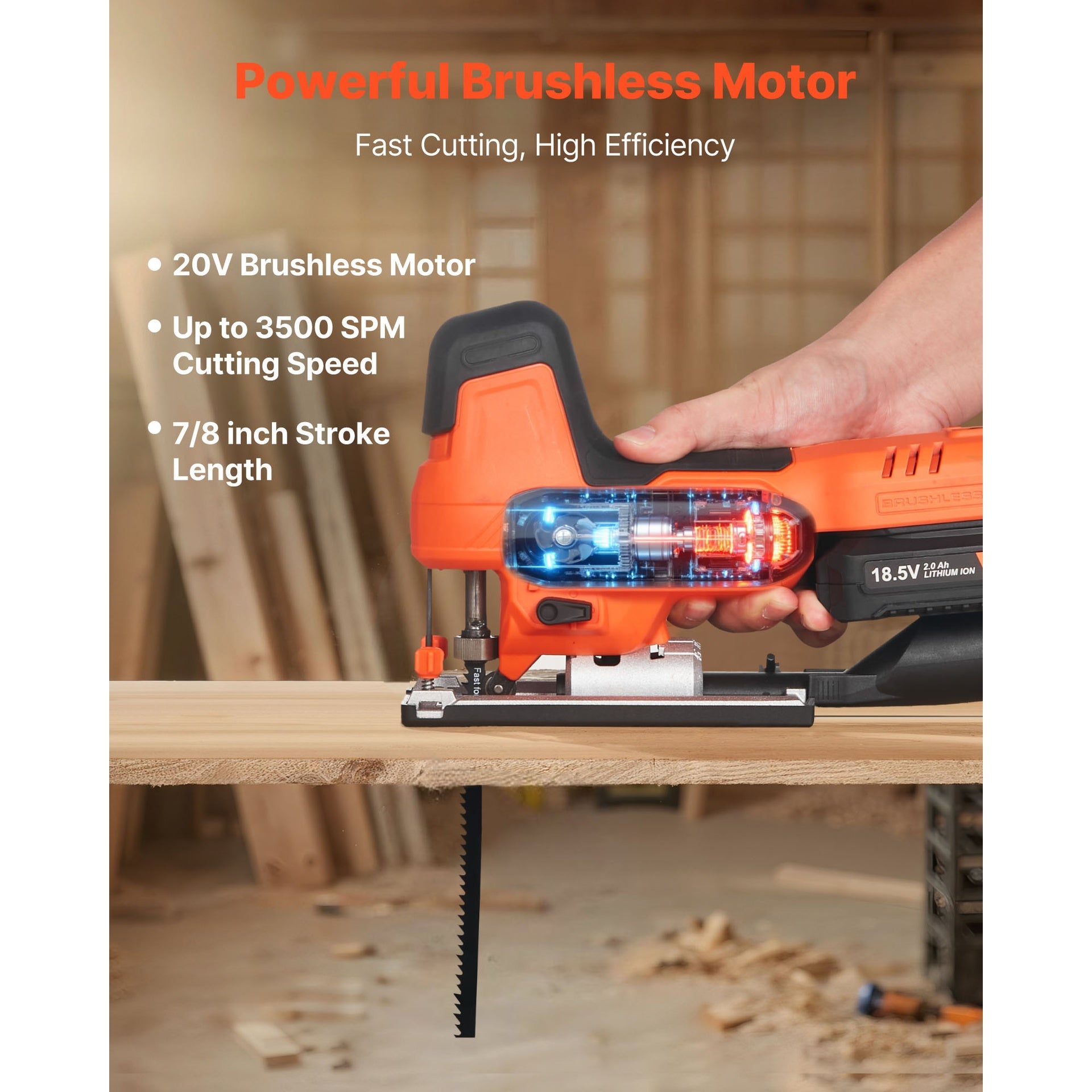 Cordless Jig Saw, 20 V Brushless Motor, 3500 SPM Blade Speed, Cordless Jigsaw with 6 pcs Blades, LED Light, 6 Variable Speed, 0- 45° Bevel Cuts, 4 Orbital Settings for Straight/Circle Cutting