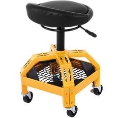 Rolling Garage Stool, 300LBS Capacity, Adjustable Height from 24 in to 28.7 in, Mechanic Seat with 360-degree Swivel Wheels and Tool Tray, for Workshop, Auto Repair Shop, Yellow