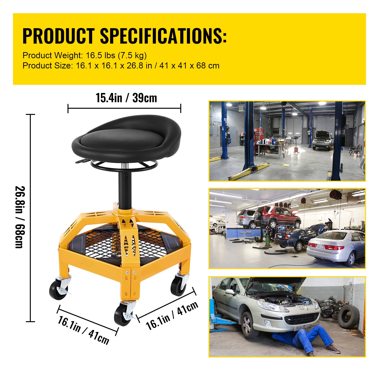 Rolling Garage Stool, 300LBS Capacity, Adjustable Height from 24 in to 28.7 in, Mechanic Seat with 360-degree Swivel Wheels and Tool Tray, for Workshop, Auto Repair Shop, Yellow