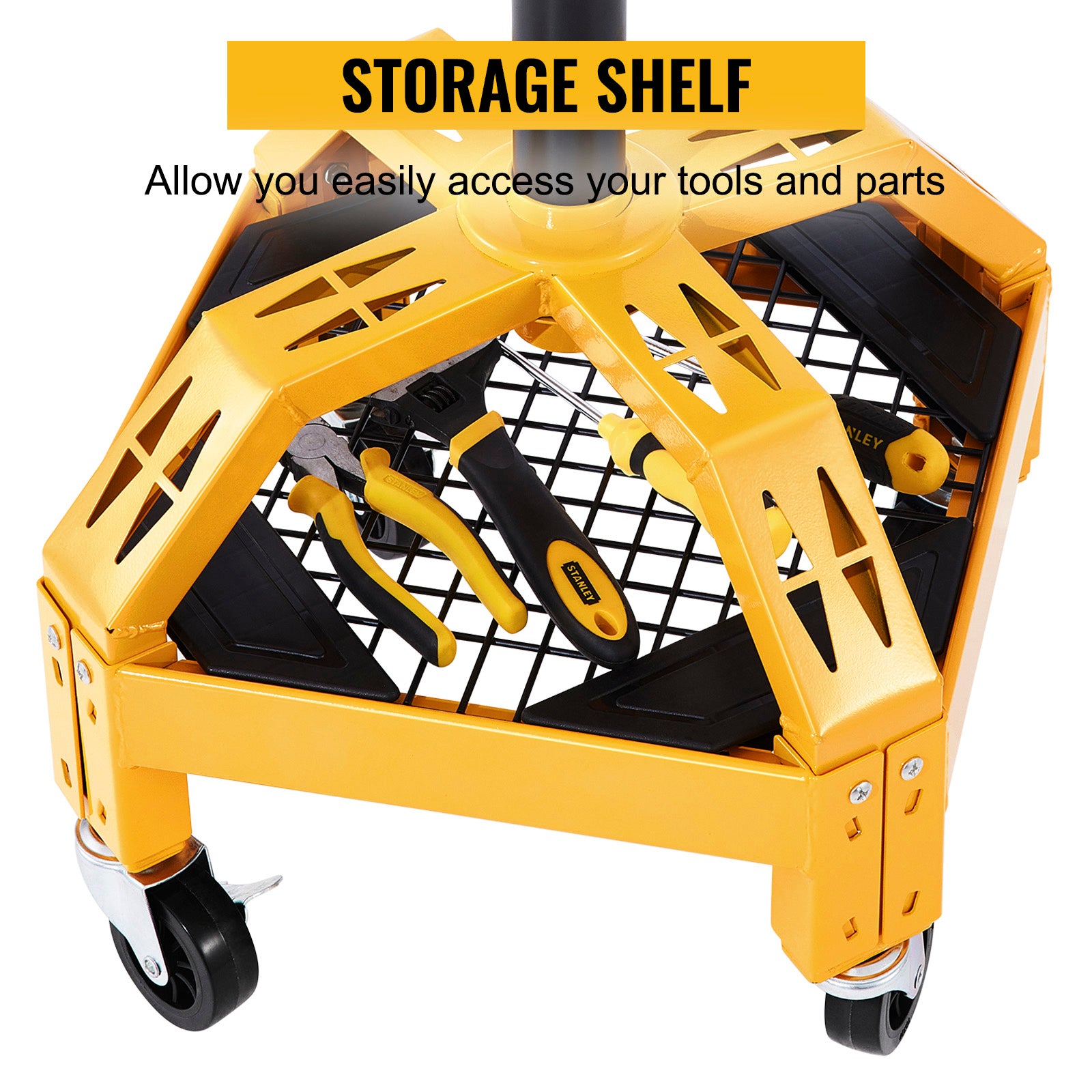 Rolling Garage Stool, 300LBS Capacity, Adjustable Height from 24 in to 28.7 in, Mechanic Seat with 360-degree Swivel Wheels and Tool Tray, for Workshop, Auto Repair Shop, Yellow