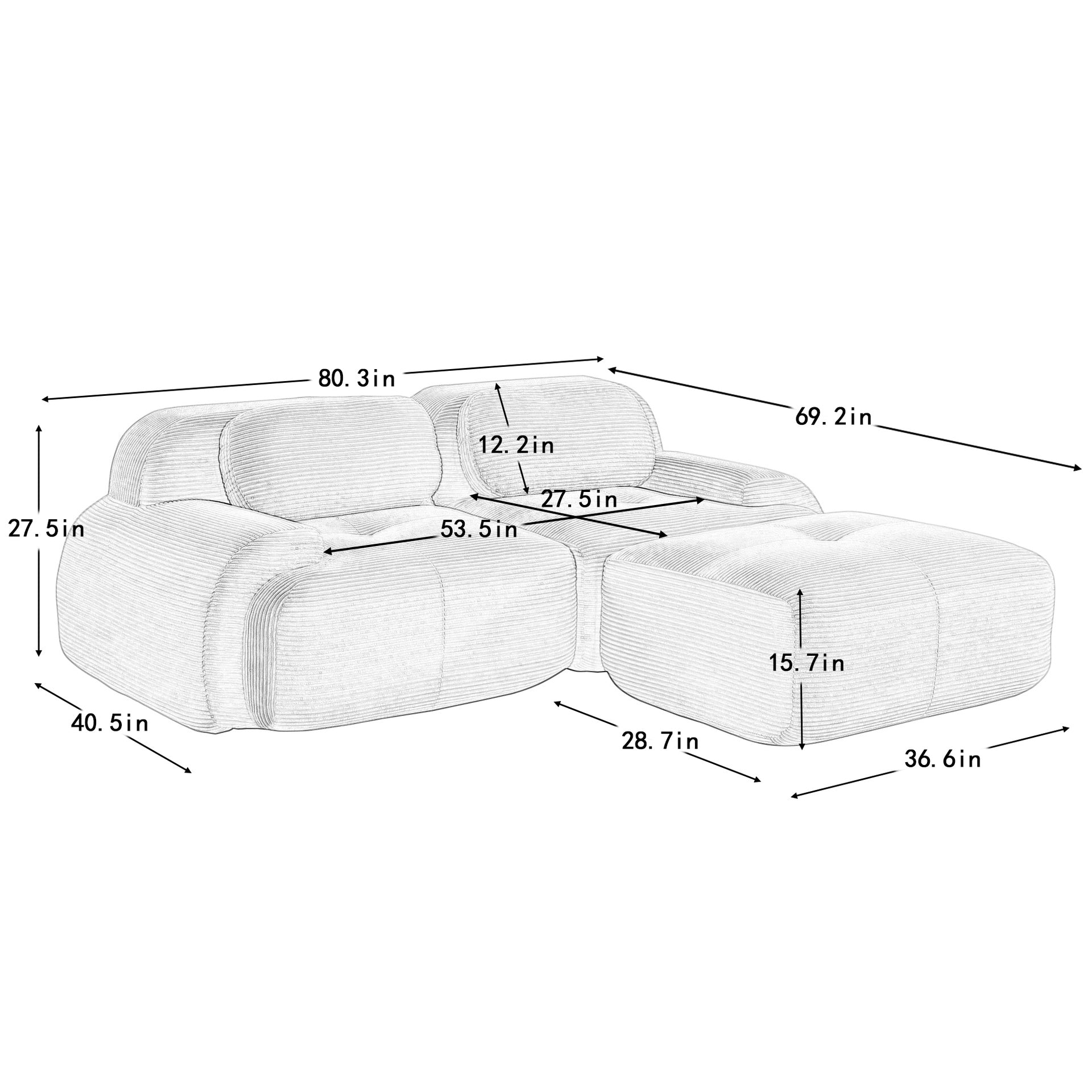 82'' L-shaped sofa in softCorduroy Fabric fabric modular design multiple combinations curved armrests assembly required high-resilience sponge suitable for living rooms rest areas bedroom,Olive green