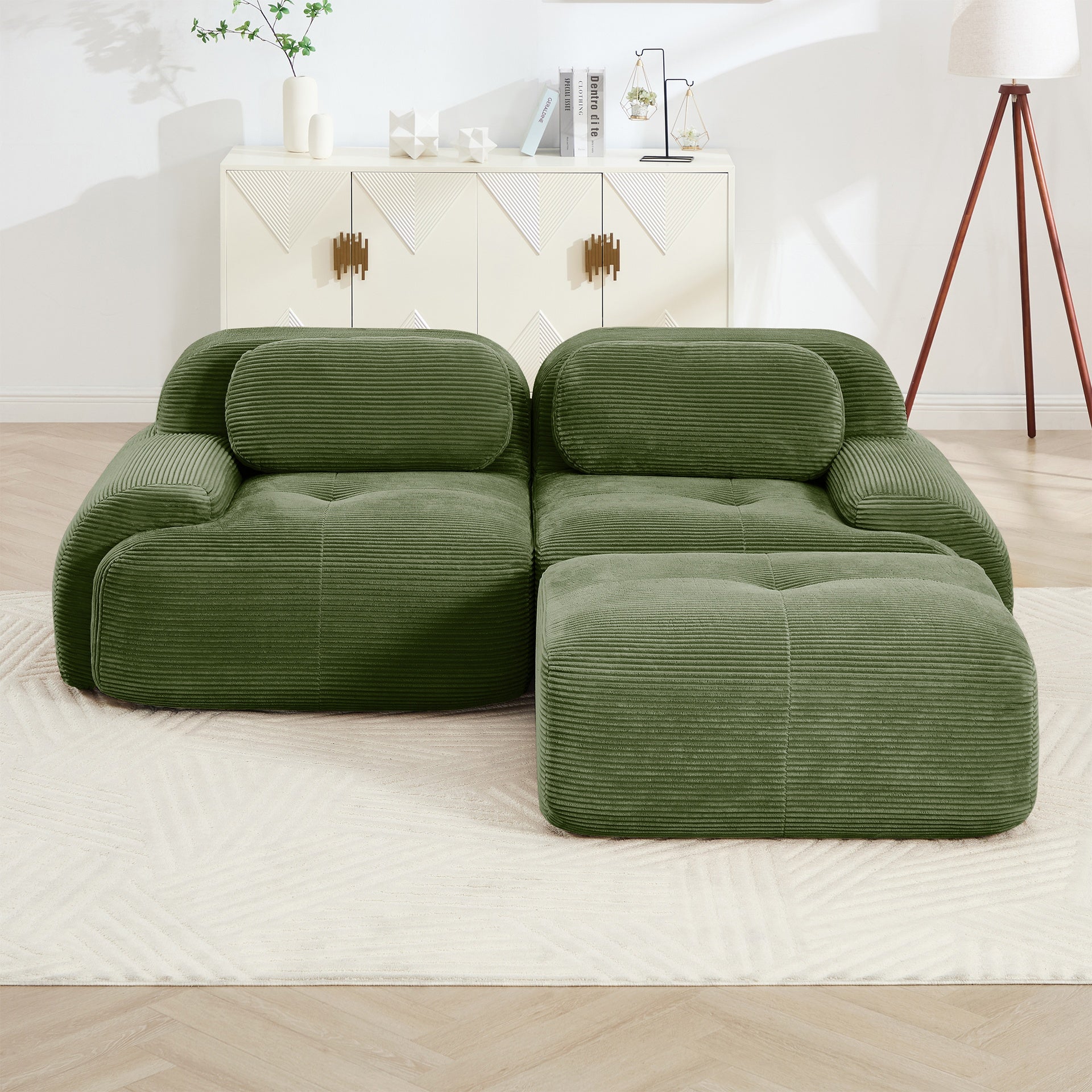 82'' L-shaped sofa in softCorduroy Fabric fabric modular design multiple combinations curved armrests assembly required high-resilience sponge suitable for living rooms rest areas bedroom,Olive green