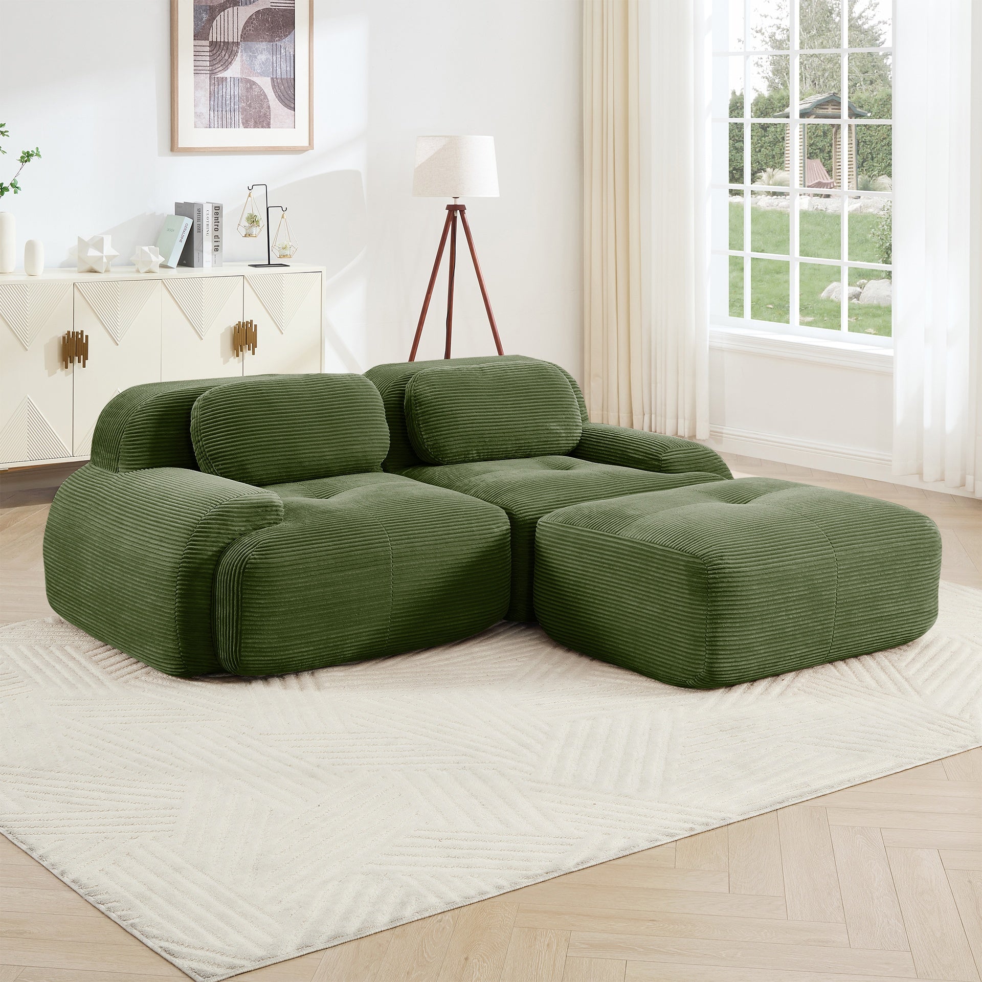 82'' L-shaped sofa in softCorduroy Fabric fabric modular design multiple combinations curved armrests assembly required high-resilience sponge suitable for living rooms rest areas bedroom,Olive green