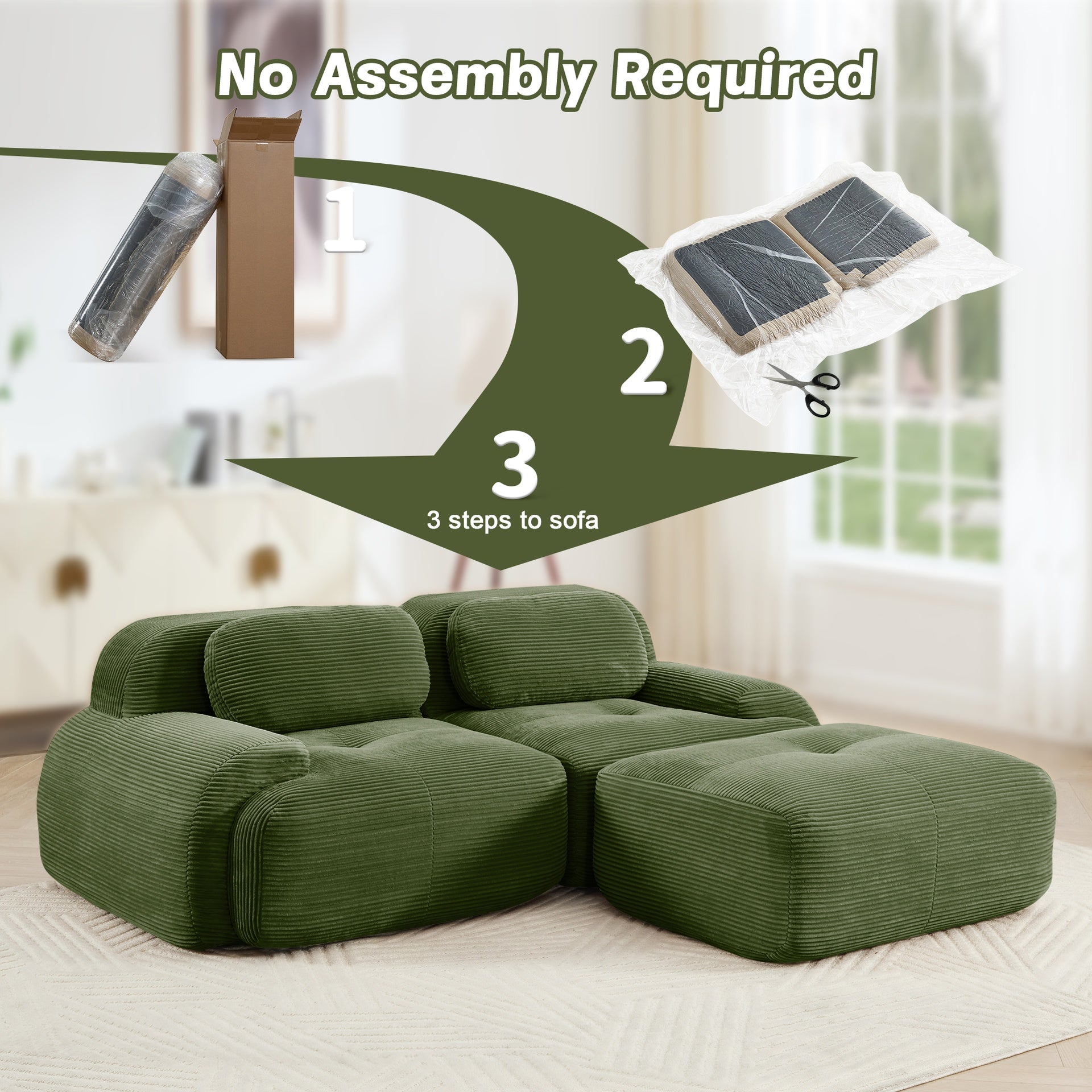 82'' L-shaped sofa in softCorduroy Fabric fabric modular design multiple combinations curved armrests assembly required high-resilience sponge suitable for living rooms rest areas bedroom,Olive green