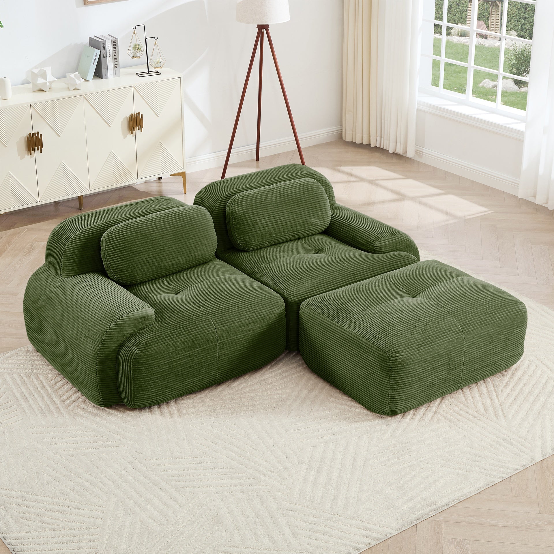 82'' L-shaped sofa in softCorduroy Fabric fabric modular design multiple combinations curved armrests assembly required high-resilience sponge suitable for living rooms rest areas bedroom,Olive green