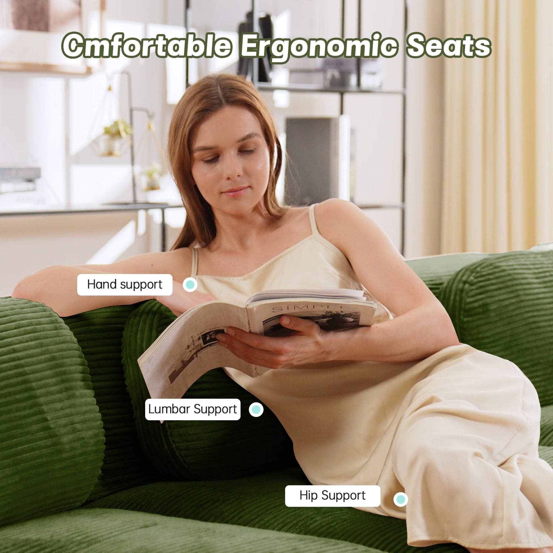 82'' L-shaped sofa in softCorduroy Fabric fabric modular design multiple combinations curved armrests assembly required high-resilience sponge suitable for living rooms rest areas bedroom,Olive green