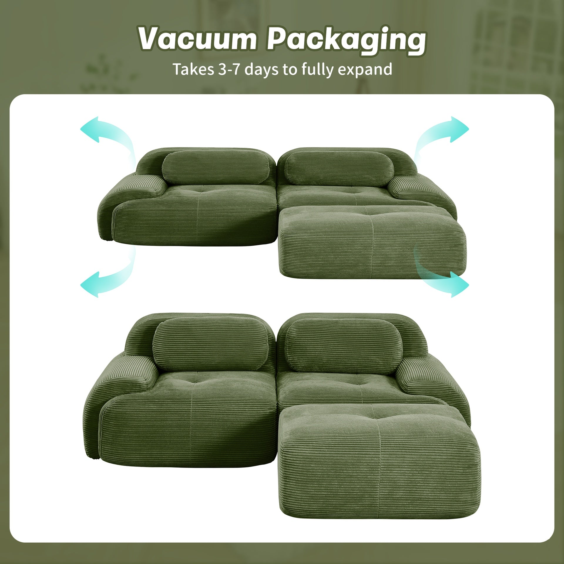 82'' L-shaped sofa in softCorduroy Fabric fabric modular design multiple combinations curved armrests assembly required high-resilience sponge suitable for living rooms rest areas bedroom,Olive green