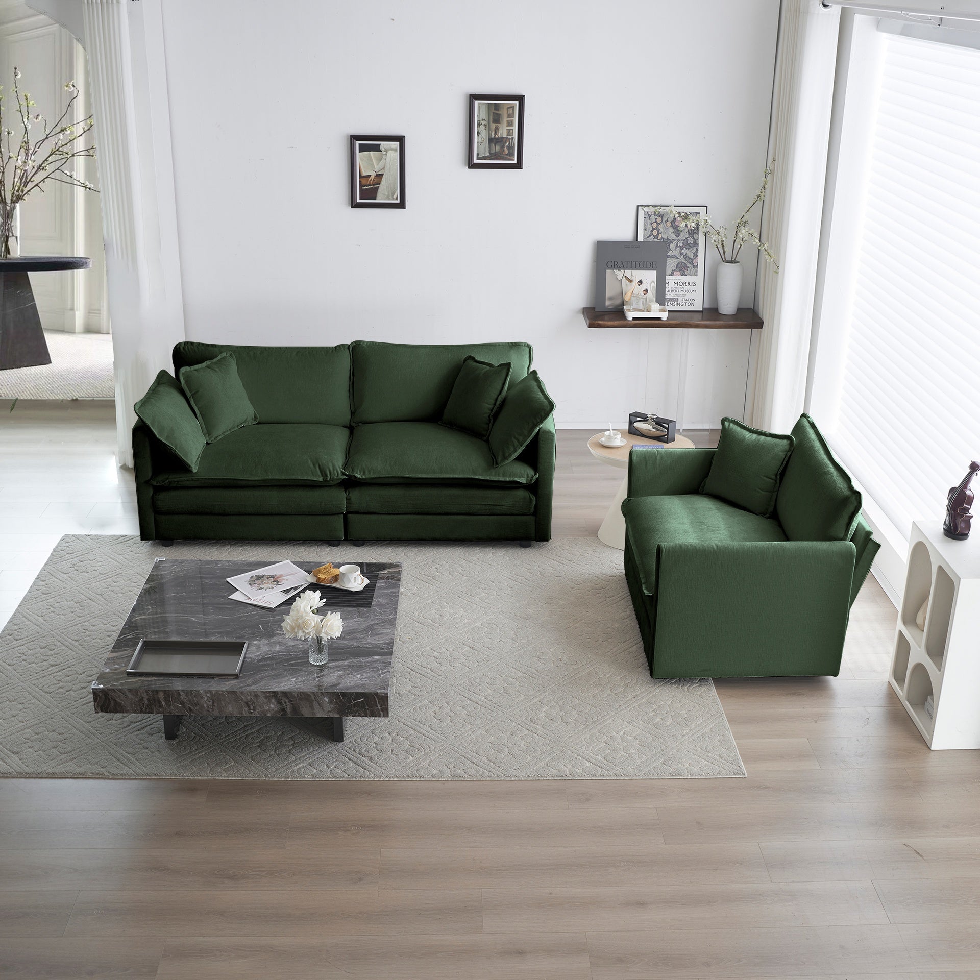 2 Seater Loveseat and Chair Set, 2 Piece Sofa & Chair Set, Loveseat and Accent Chair , 2-Piece Upholstered Chenille Sofa Living Room Couch Furniture(1+2 Seat ) ,Green Chenille