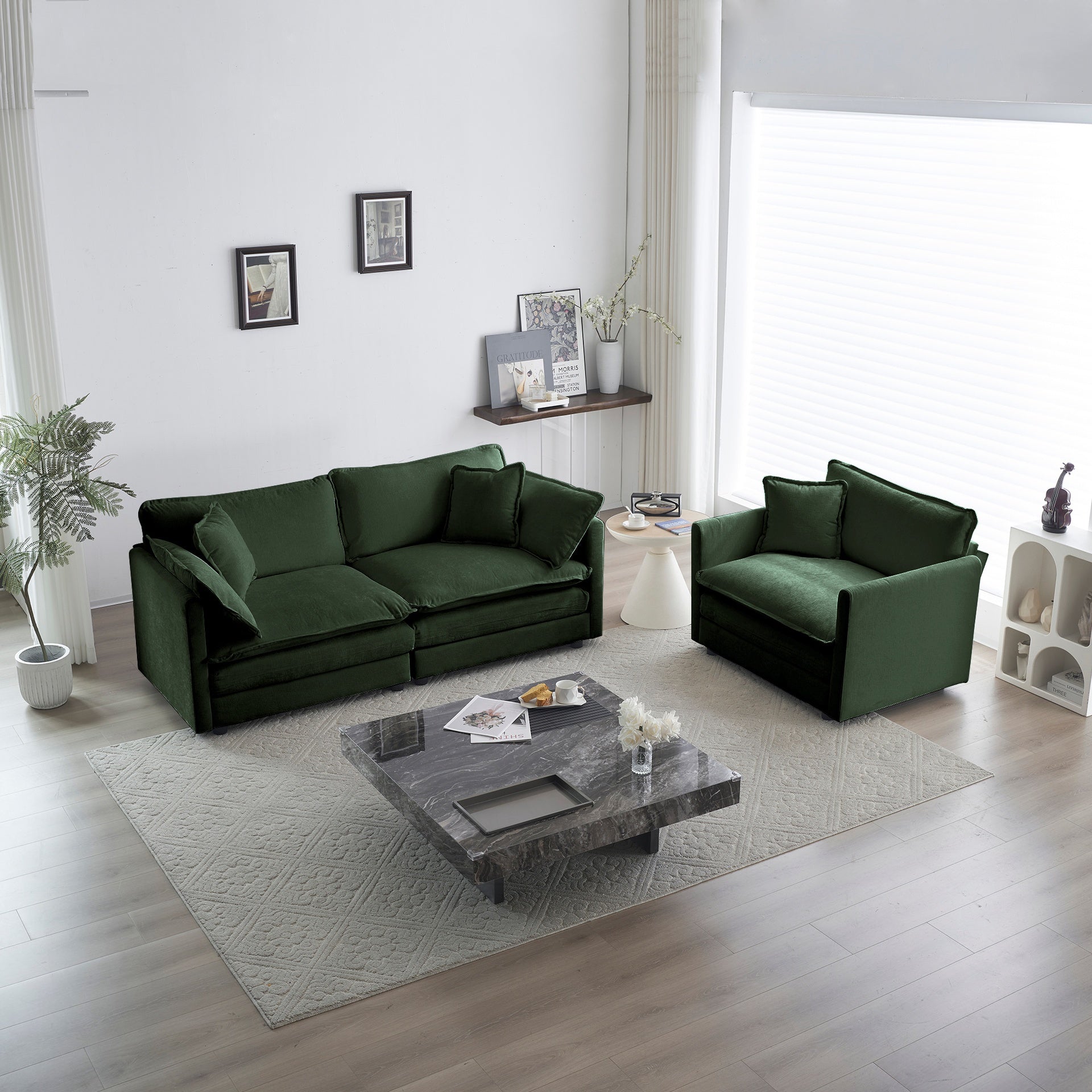 2 Seater Loveseat and Chair Set, 2 Piece Sofa & Chair Set, Loveseat and Accent Chair , 2-Piece Upholstered Chenille Sofa Living Room Couch Furniture(1+2 Seat ) ,Green Chenille