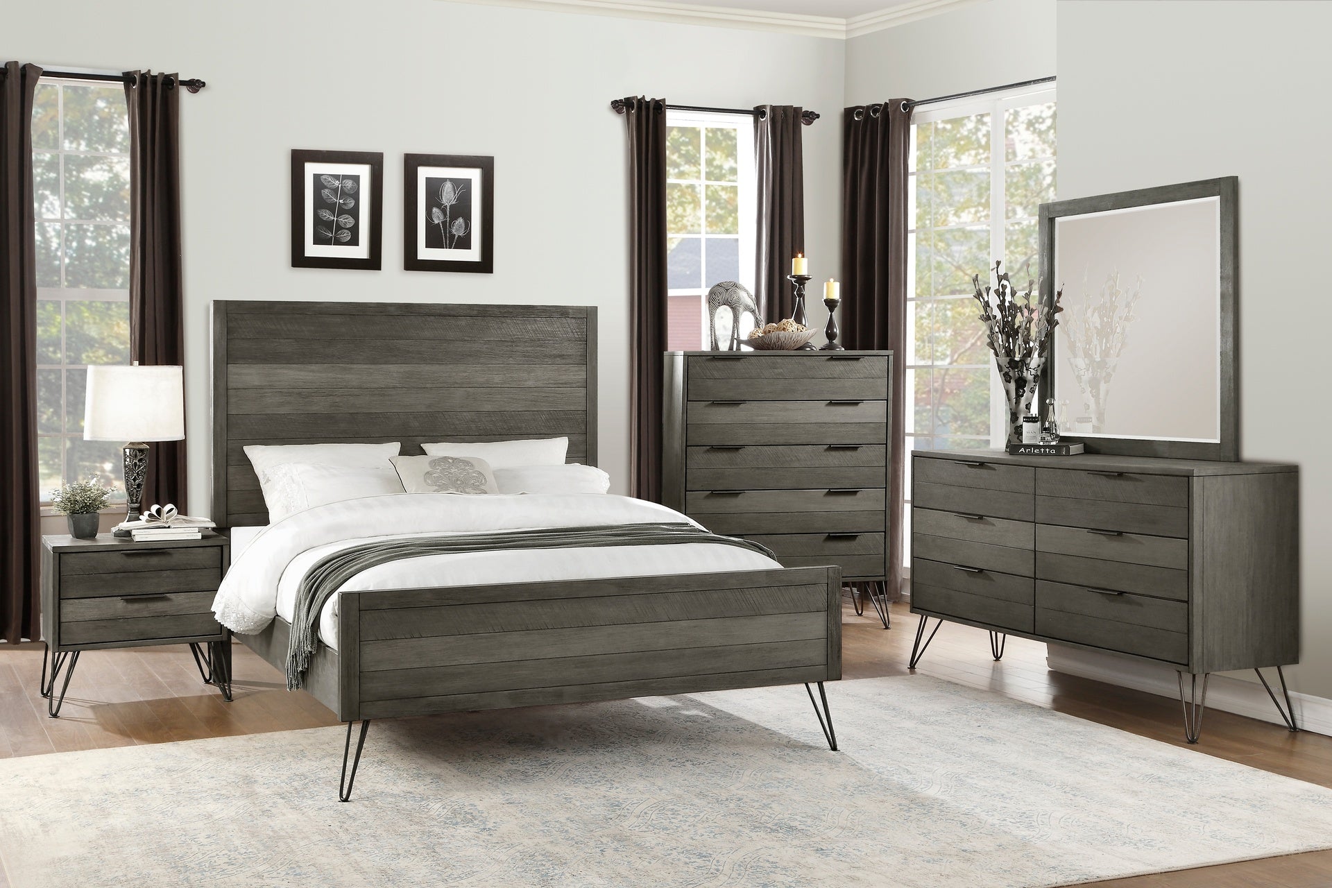 Contemporary Queen Bed Solid Acacia Wood Metal Legs Slat Design Paneling 3-tone Gray Finish Bedroom Furniture 1pc