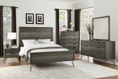 Contemporary Queen Bed Solid Acacia Wood Metal Legs Slat Design Paneling 3-tone Gray Finish Bedroom Furniture 1pc
