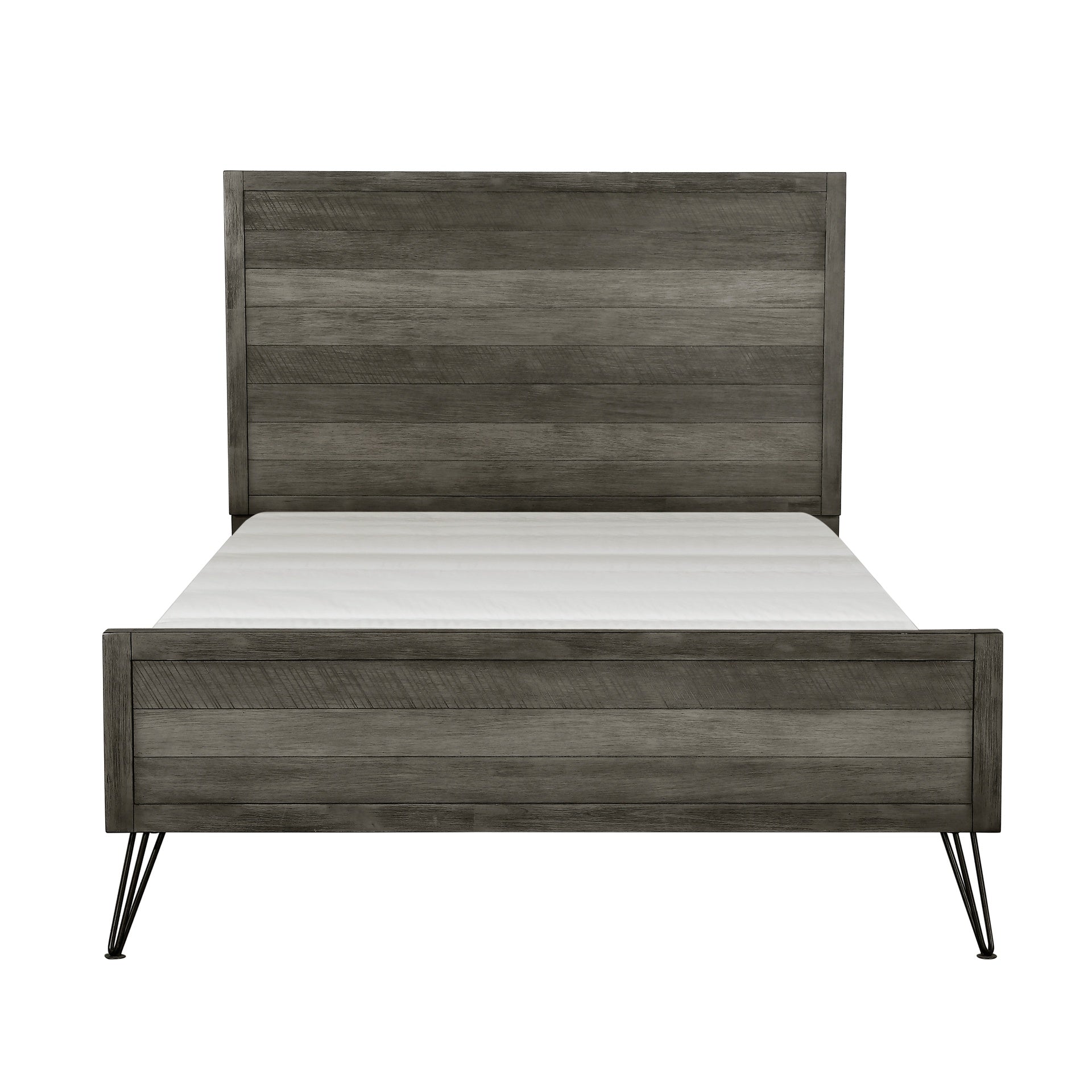 Contemporary Queen Bed Solid Acacia Wood Metal Legs Slat Design Paneling 3-tone Gray Finish Bedroom Furniture 1pc